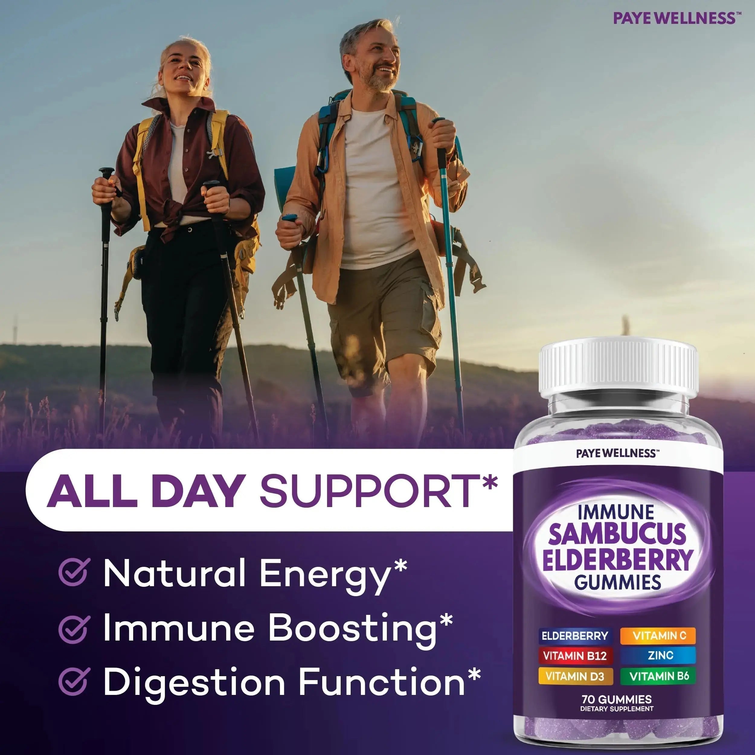 Elderberry Gummies Immune Support, Daily Support for Kids and Adults*, with Sambucus Elderberry, Zinc, Vitamin C, D3, B6, B12, Plus PAYÉ Au supplements