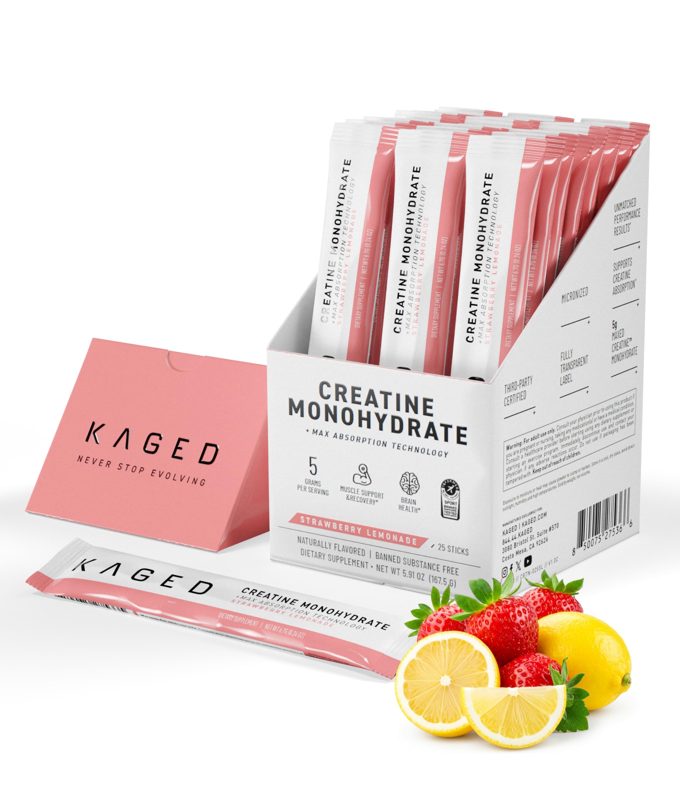 Kaged Creatine Monohydrate + Max Absorption Technology | Micronized Powder Stick Packs | Strawberry Lemonade | Muscle Building & Recovery | Brain Health