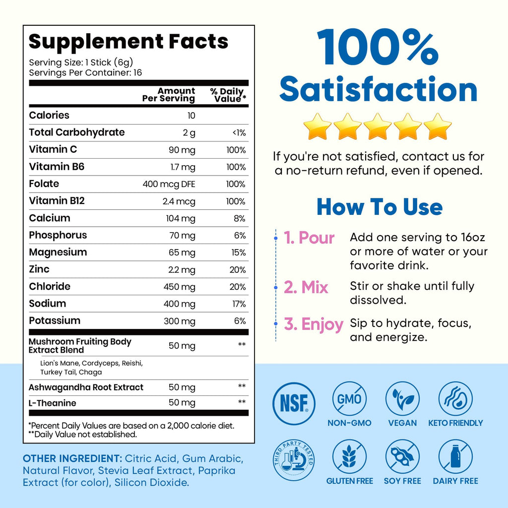 Venture Pal 2-in-1 Hydration Packets + Focus Support Electrolytes Powder, 7 Electrolytes + Vitamins, Magnesium, Lion's Mane & L-Theanine