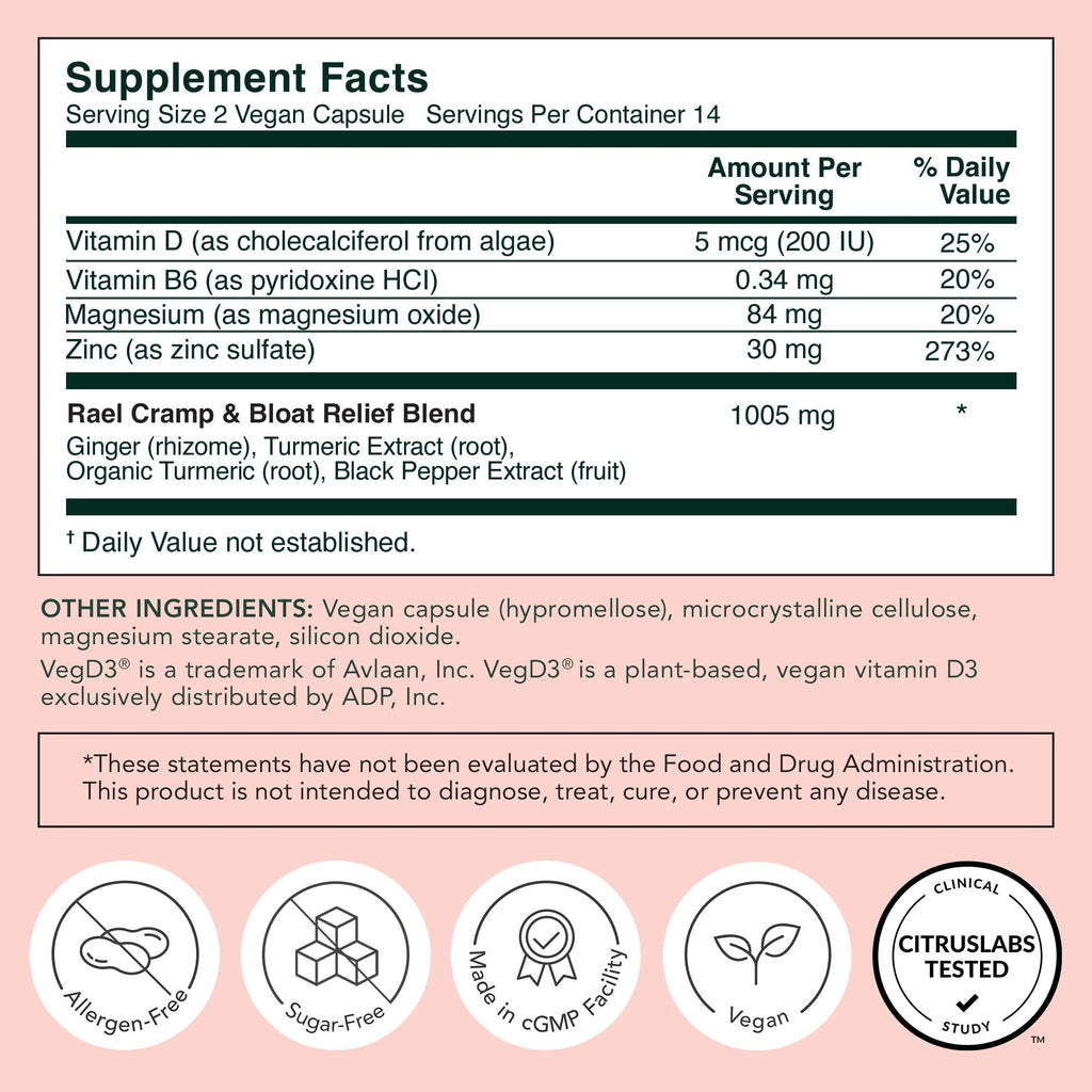 Rael PMS Supplement, Hormone Balance for Women, Relief from Menstrual Cramps with Turmeric, Ginger, Magnesium (28 Capsules) Rael Au supplements