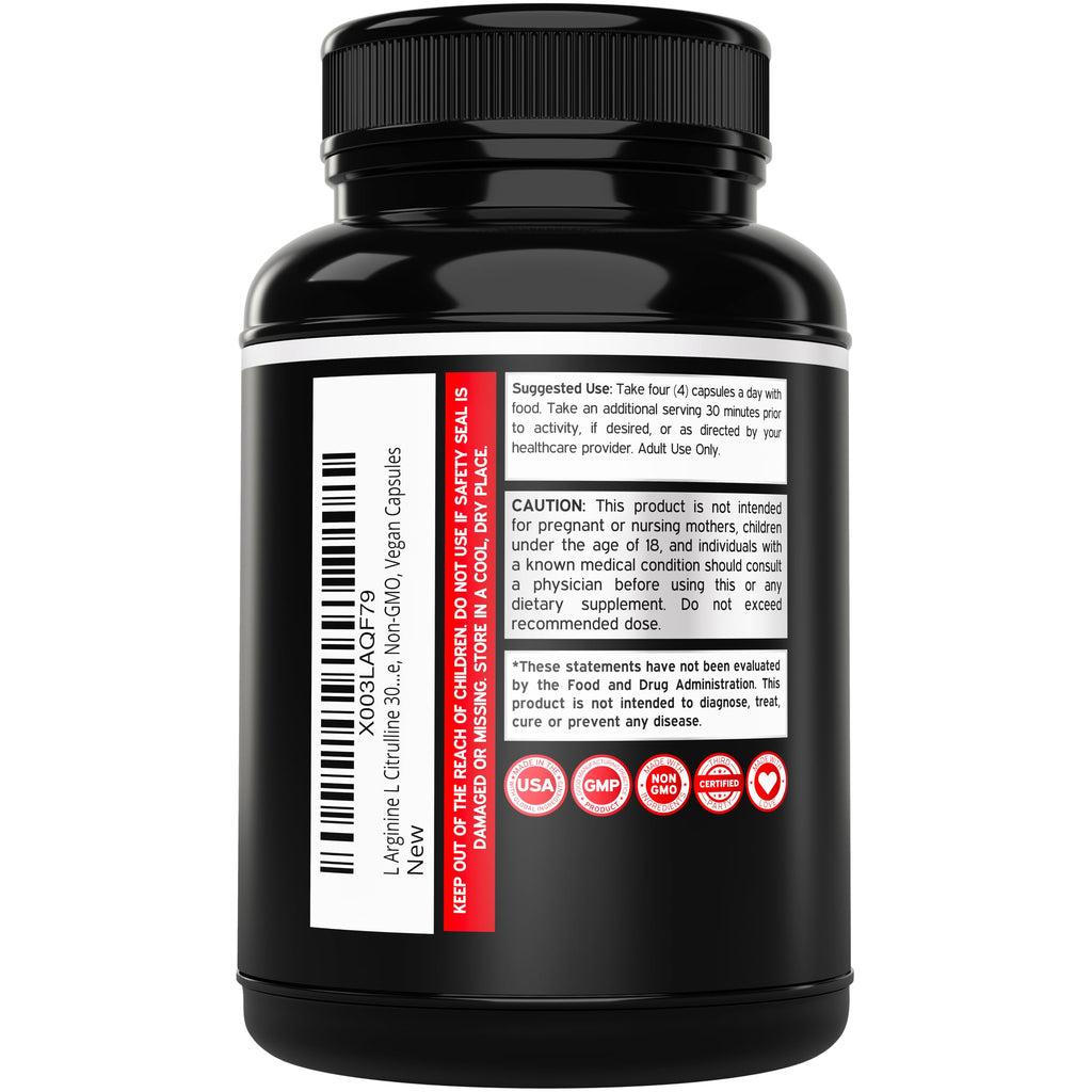 L Arginine L Citrulline Supplement 3000mg (240 Capsules) Nitric Oxide Pills for Men - Stamina, Endurance, Performance for Workouts - NO Supplements for Men