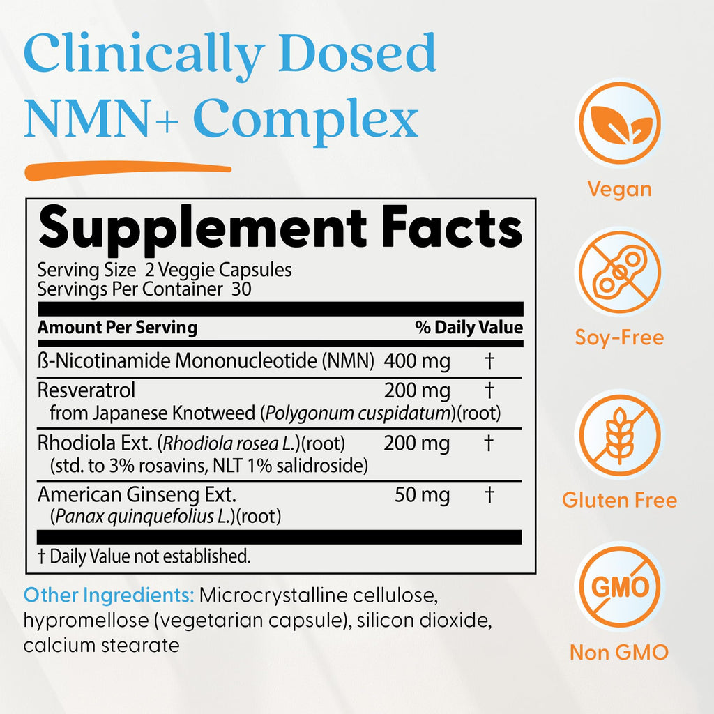 Doctor's Best NMN+ Complex Supplement Capsules for Women & Men - Supports NAD+ Production, Resveratrol 100mg & Beta Nicotinamide Mononucleotide 200mg per Capsule, Cellular Energy Support - 60 Veg Caps Doctor's BEST Au supplements