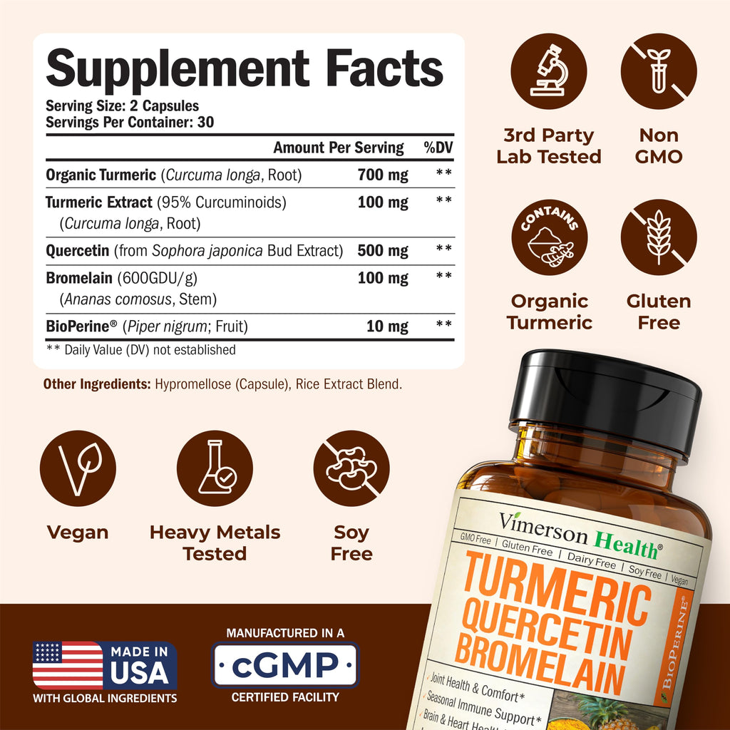 Quercetin with Bromelain Turmeric Curcumin Supplement – Allergy Relief, Immune & Joint Support – Organic Turmeric Supplement w/Bioperine for Enhanced Absorption