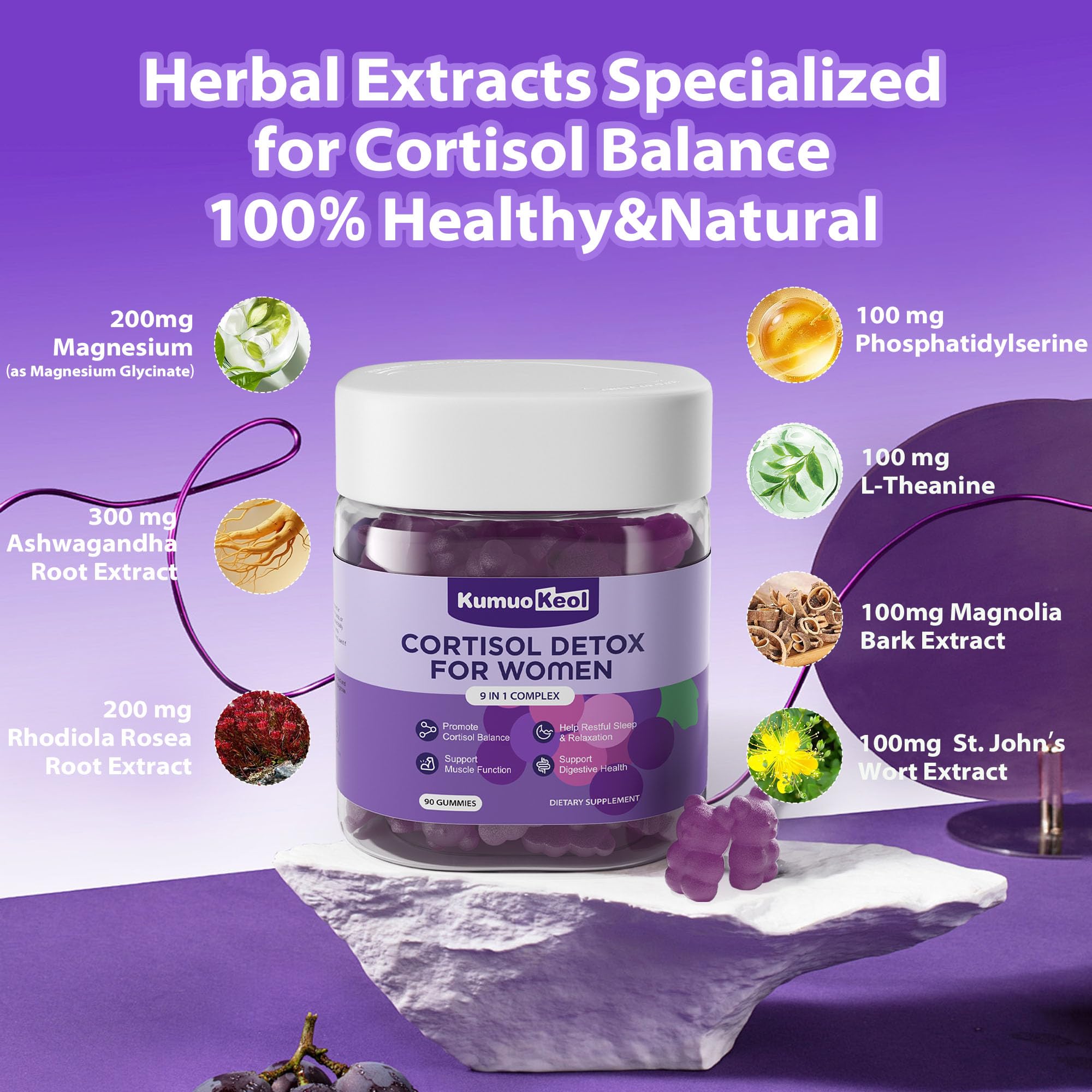 Cortisol Supplements for Women, Lower Cortisol for Women, Cortisol Gummies with Ashwagandha, Magnesium, L-Theanine, Phosphatidylserine, Vitamin, Relaxation, Focus, Sugar-Free, Vegan, 90 Count KumuoKeol Au supplements