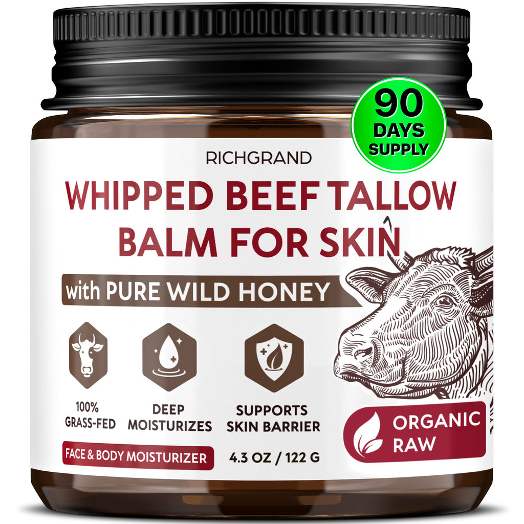 RICHGRAND Beef Tallow for Skin - Whipped Tallow and Honey Balm - Grass Fed Beef Tallow for Face, Daily Moisturizer & Body Butter