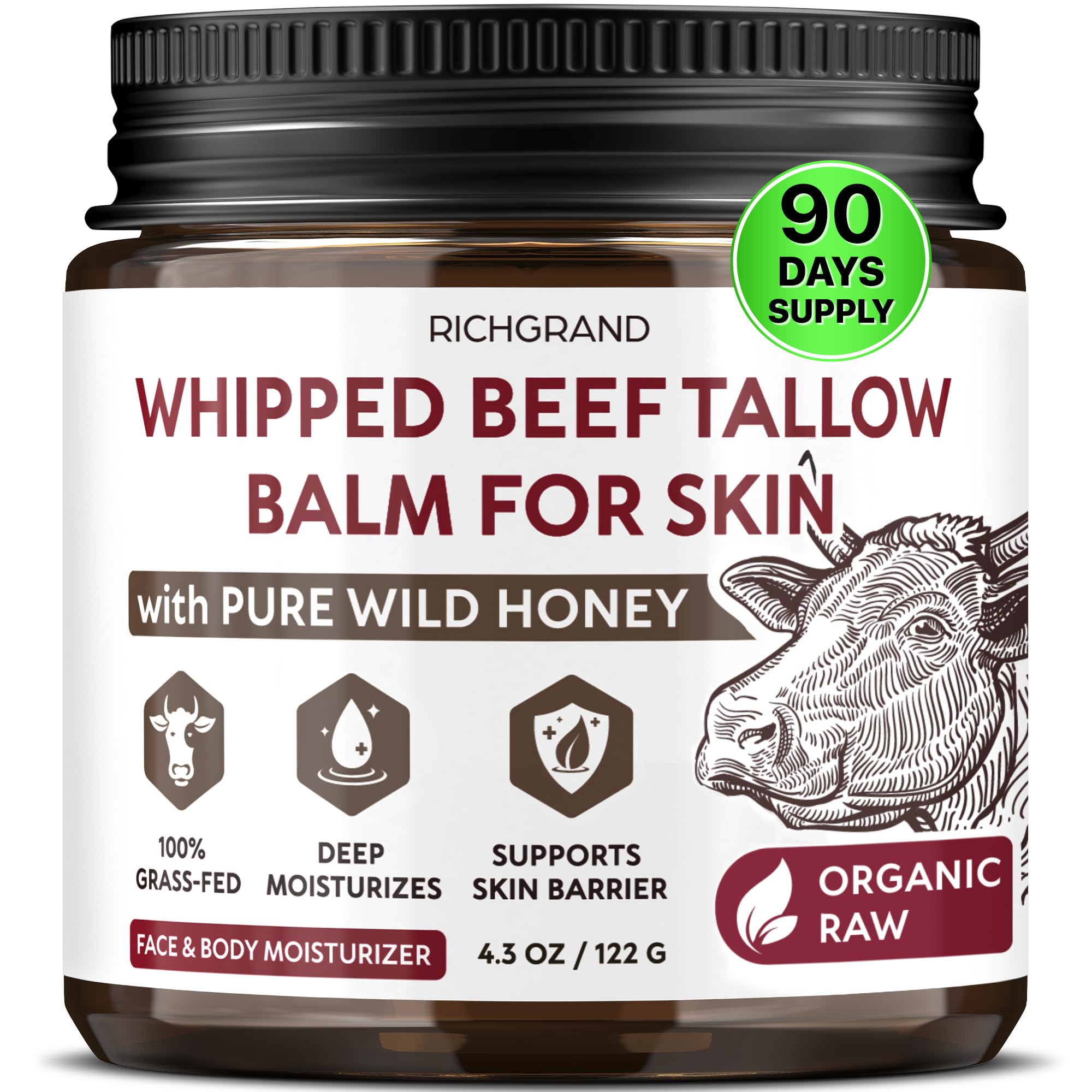 RICHGRAND Beef Tallow for Skin - Whipped Tallow and Honey Balm - Grass Fed Beef Tallow for Face, Daily Moisturizer & Body Butter