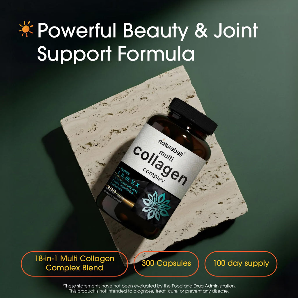 NatureBell Multi Collagen Complex - 300 Capsules - 5 Collagen Peptides (Type I, II, III, V, X), Hyaluronic Acid, Biotin & Probiotics