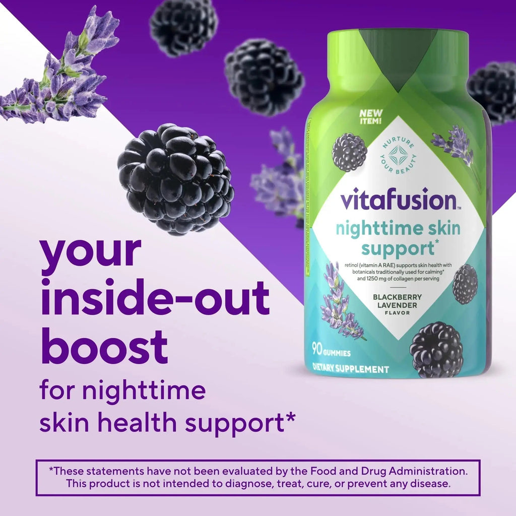 vitafusion Nighttime Skin Support (1), Beauty Supplement with Retinol (Vitamin A RAE), Collagen & Bedtime Botanicals Vitafusion Au supplements