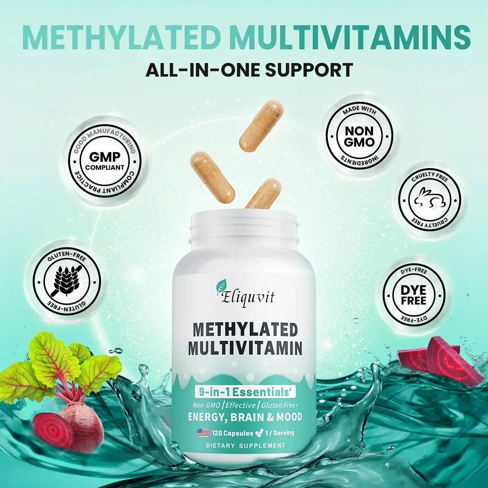 Eliquvit Methylated Multivitamin for Men & Women - Methylated B Complex with Methylfolate & B12-9-in-1 MTHFR Support + TMG - Vegan Multivitamin Eliquvit Au supplements