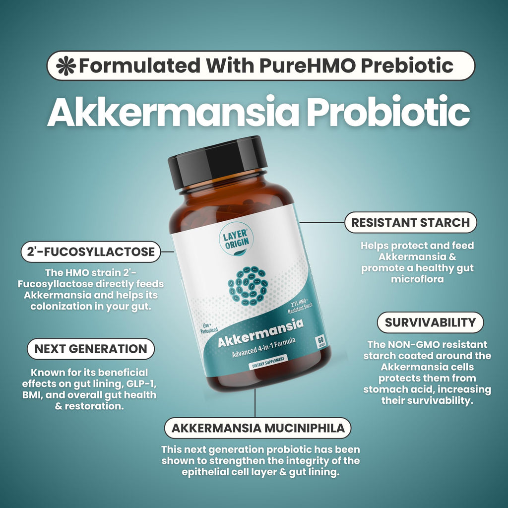 Layer Origin Akkermansia muciniphila Probiotic, with Both Live + Pasteurized Akkermansia and PureHMO Prebiotic, Validated Strain, Updated 4-in-1 Formula