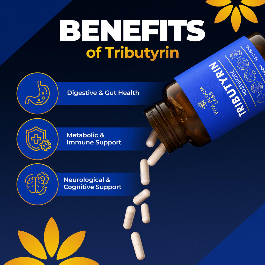 Tributyrin Supplement - Better Delivery & More Effective than Sodium Butyrate - Gut Health & Digestive Support - 3-in-1 Butyrate Postbiotics for Leaky Gut & Gut Barrier Support - 30 Capsules Vita Bloom Labs Au supplements