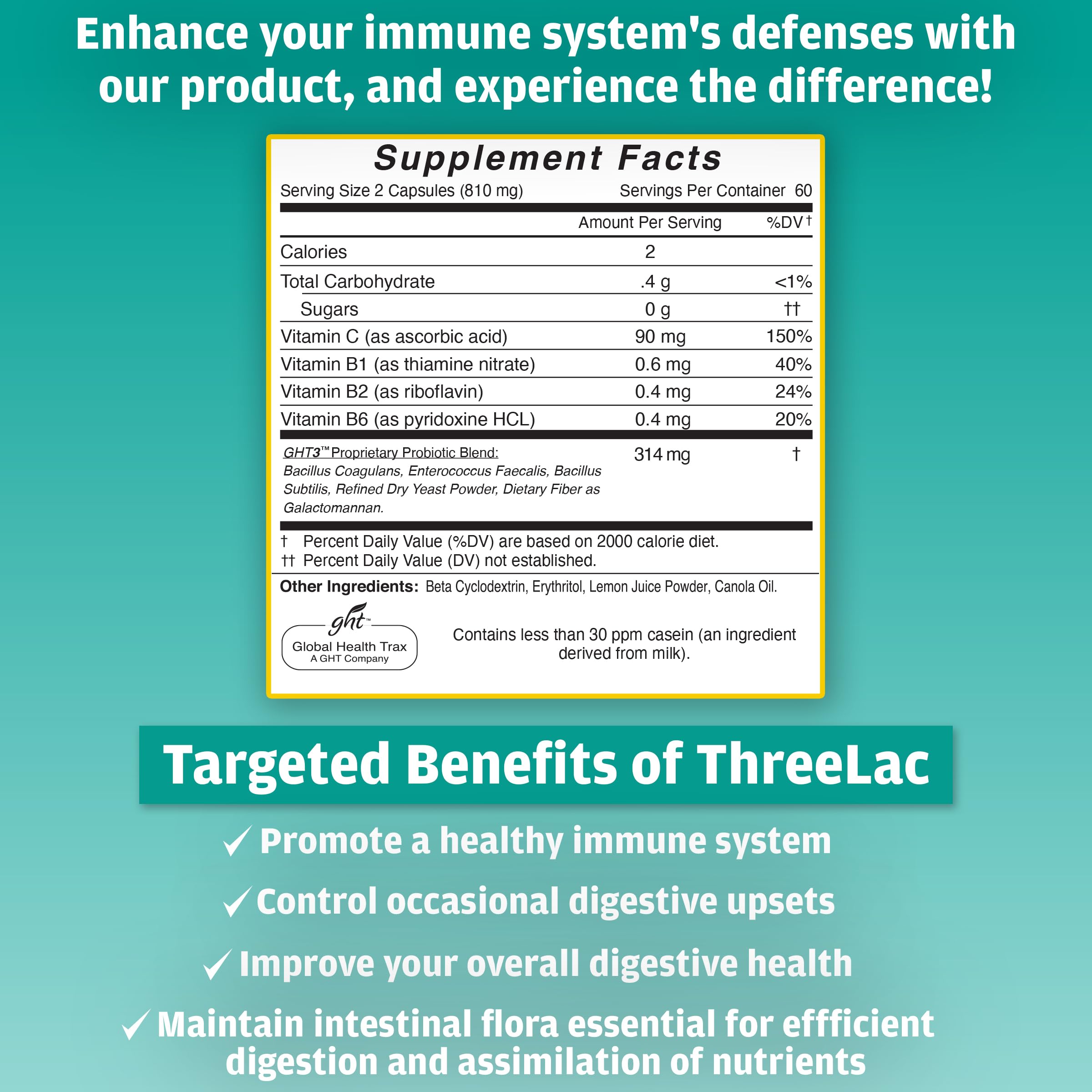 Global Health Trax GHT - ThreeLac Probiotic Capsules, 120 Count - Comprehensive Digestive Support for Men, Women, and Children - Immune System and Gut Balance, Non-GMO ght Global Health Trax Au supplements