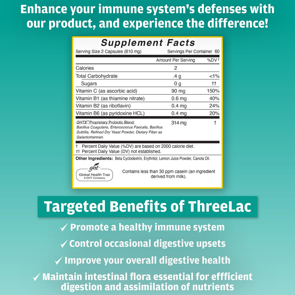 GHT - ThreeLac Probiotic Capsules, 240 Ct - Comprehensive Digestive Support for Men, Women, and Children - Immune System and Gut Balance, Non-GMO ght Global Health Trax Au supplements