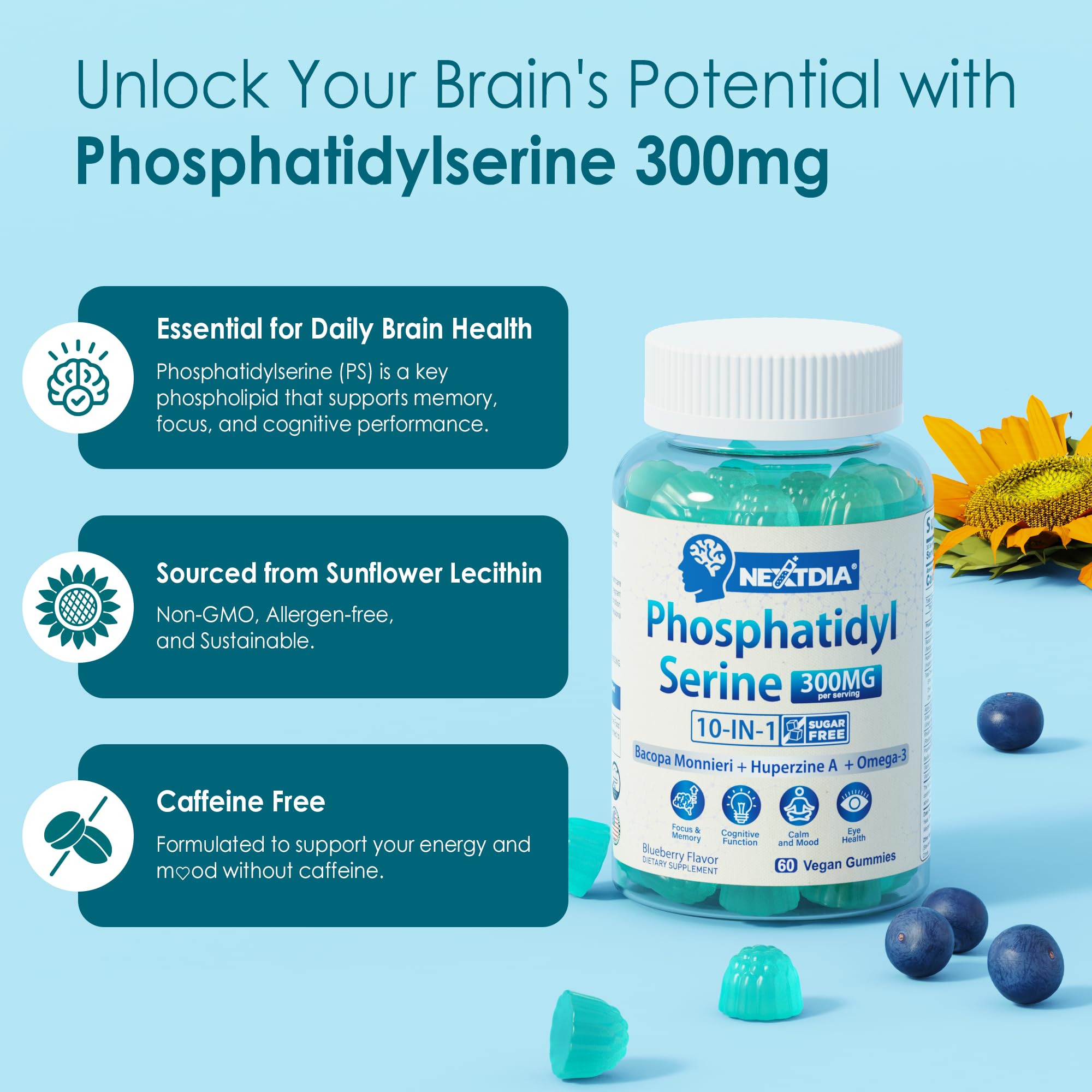 Phosphatidylserine - Nootropic Brian Supplement, Focus & Energy Gummies+ Bacopa Monnieri, Omega 3, Huperzine A, Methyl B12 & B6 for Seniors, Gamers, Workers, Non-GMO, Caffeine-Free, Sugar Free, 2 Pack Nextdia Au supplements