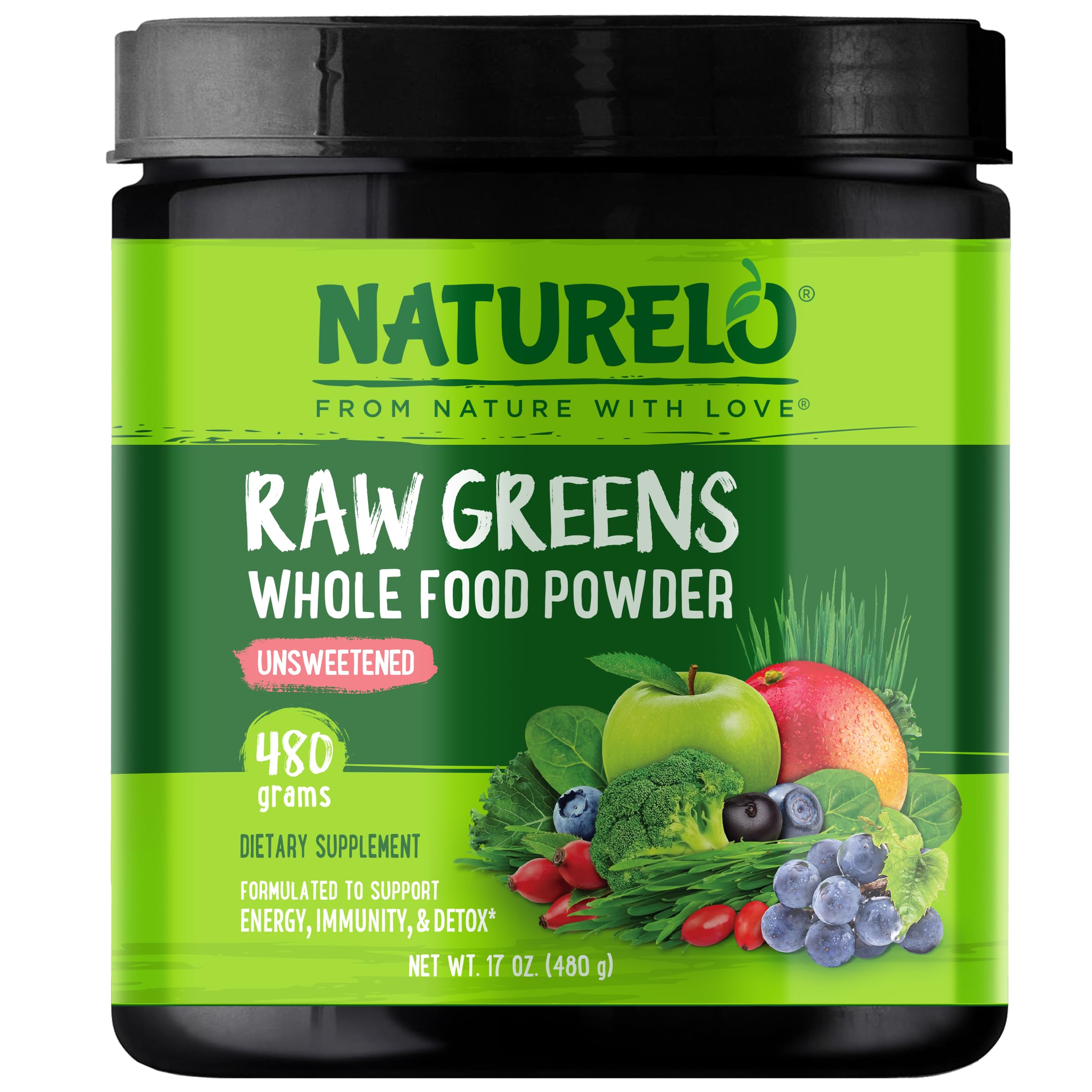 NATURELO Raw Greens Superfood Powder - Unsweetened - Boost Energy, Detox, Enhance Health - Organic Spirulina - Wheat Grass - Whole Food Nutrition from Fruits