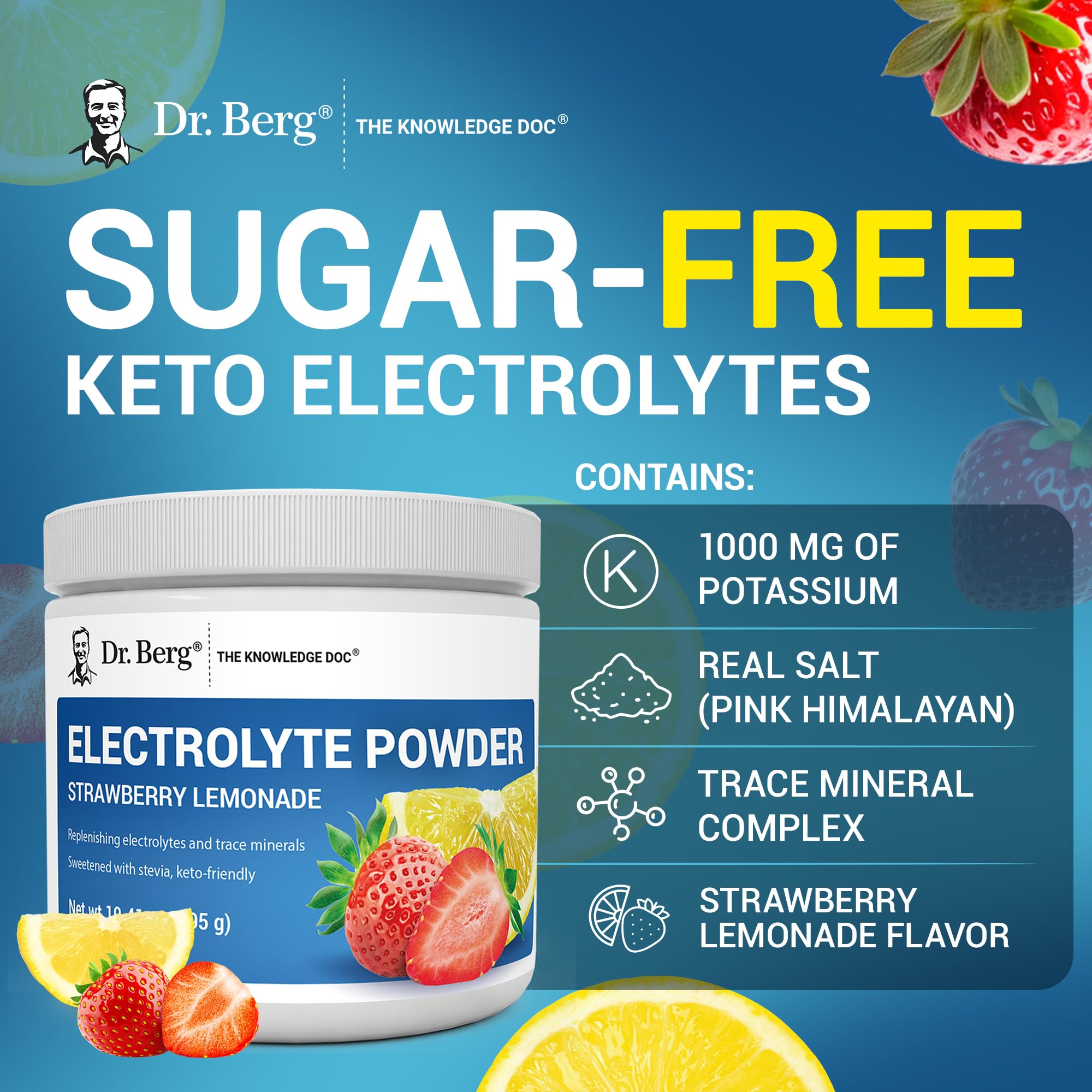 Dr. Berg Zero Sugar Hydration Keto Electrolyte Powder - Enhanced w/ 1000 mg of Potassium & Real Pink Himalayan Salt (NOT Table Salt) - Strawberry Lemonade Hydration Drink Supplement - 50 Servings