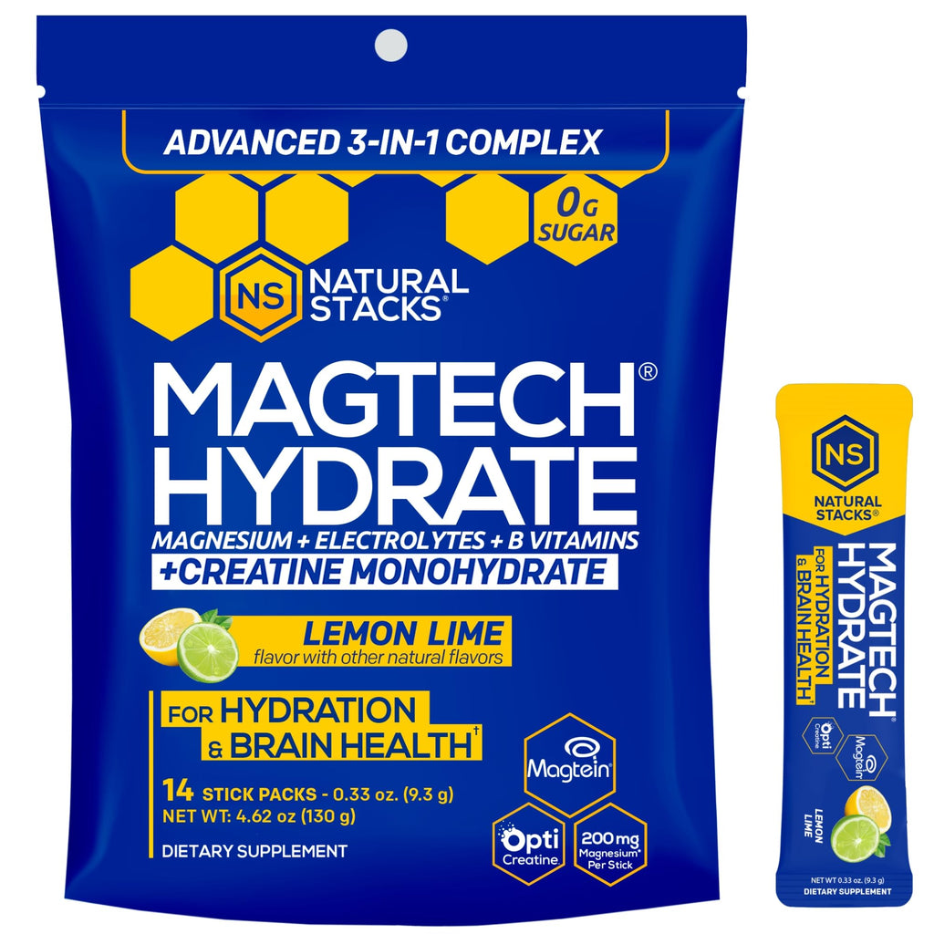 Magtech Magnesium Capsules + Hydration Creatine Powder Lemon Lime Bundle - 3 Forms of Magnesium - Featuring Magtein L-Threonate - Brain Health & Hydration Support* - 44 Total Servings NATURAL STACKS Au supplements