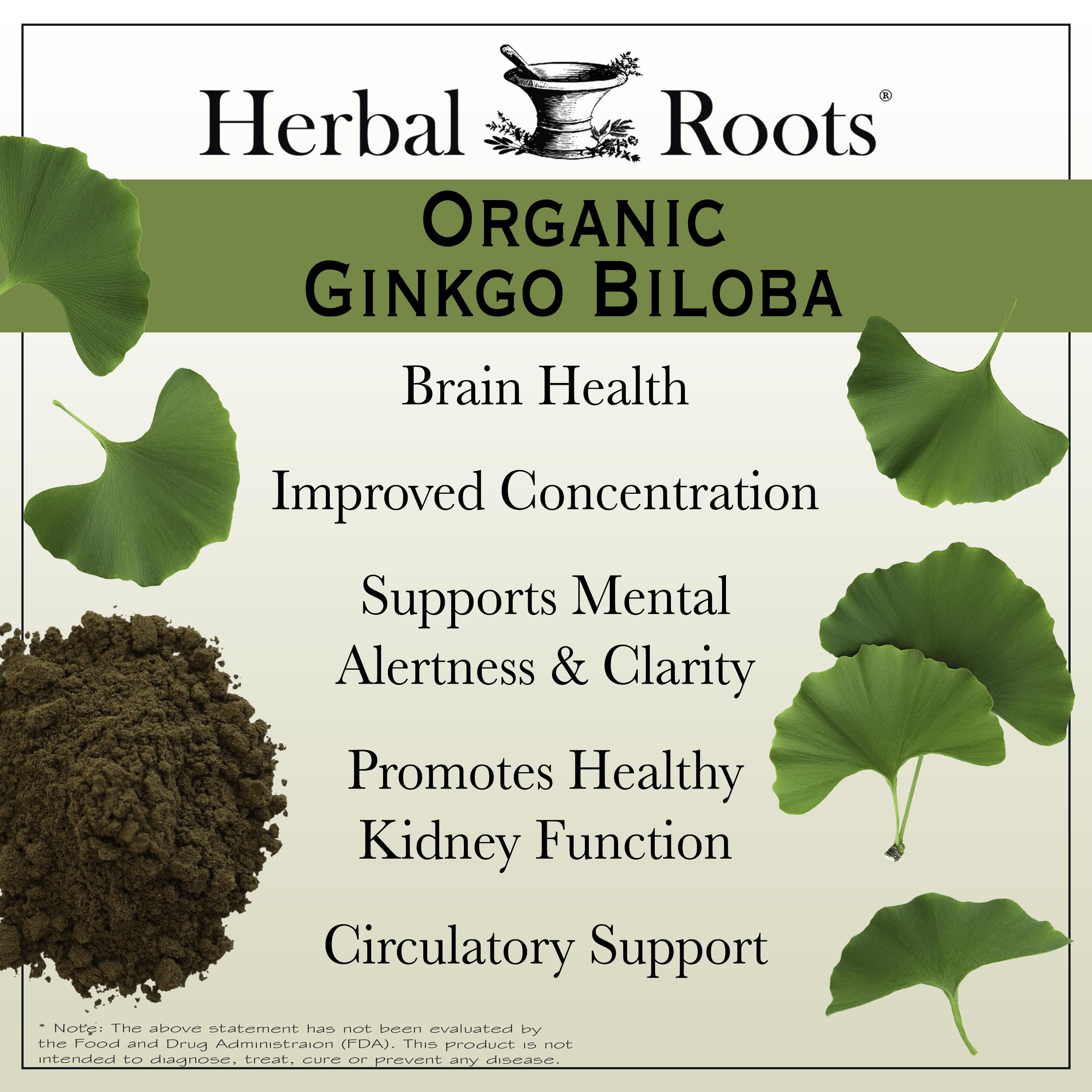 Herbal Roots Organic Ginkgo Biloba Made with Pure Organic Ginkgo Leaf and Extract - 60 Vegan Capsules