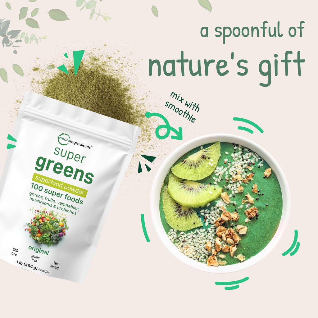 Micro Ingredients Super Greens Powder, 1lb | 100 Superfood Blend with Daily Greens, Probiotics, Fruits, Vegetables & Mushrooms | Source of Vegan Protein & Enzymes