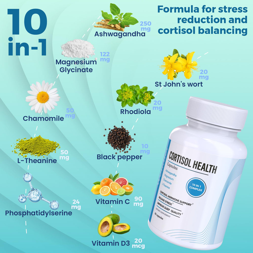 10-in-1 Cortisol Supplements with Magnesium, Ashwagandha, Chamomile, L-Theanine, St. John's Wort, Rhodiola, 60 Capsules, Cortisol Supplements For Women -& Men, Cortisol Reducer, High cortisol Welldiet Au supplements