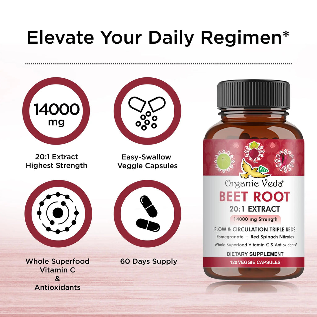 Organic Veda Beet Root Capsules - Triple Reds Nitric Oxide Beets Supplements - Concentrated Organic Veda Au supplements