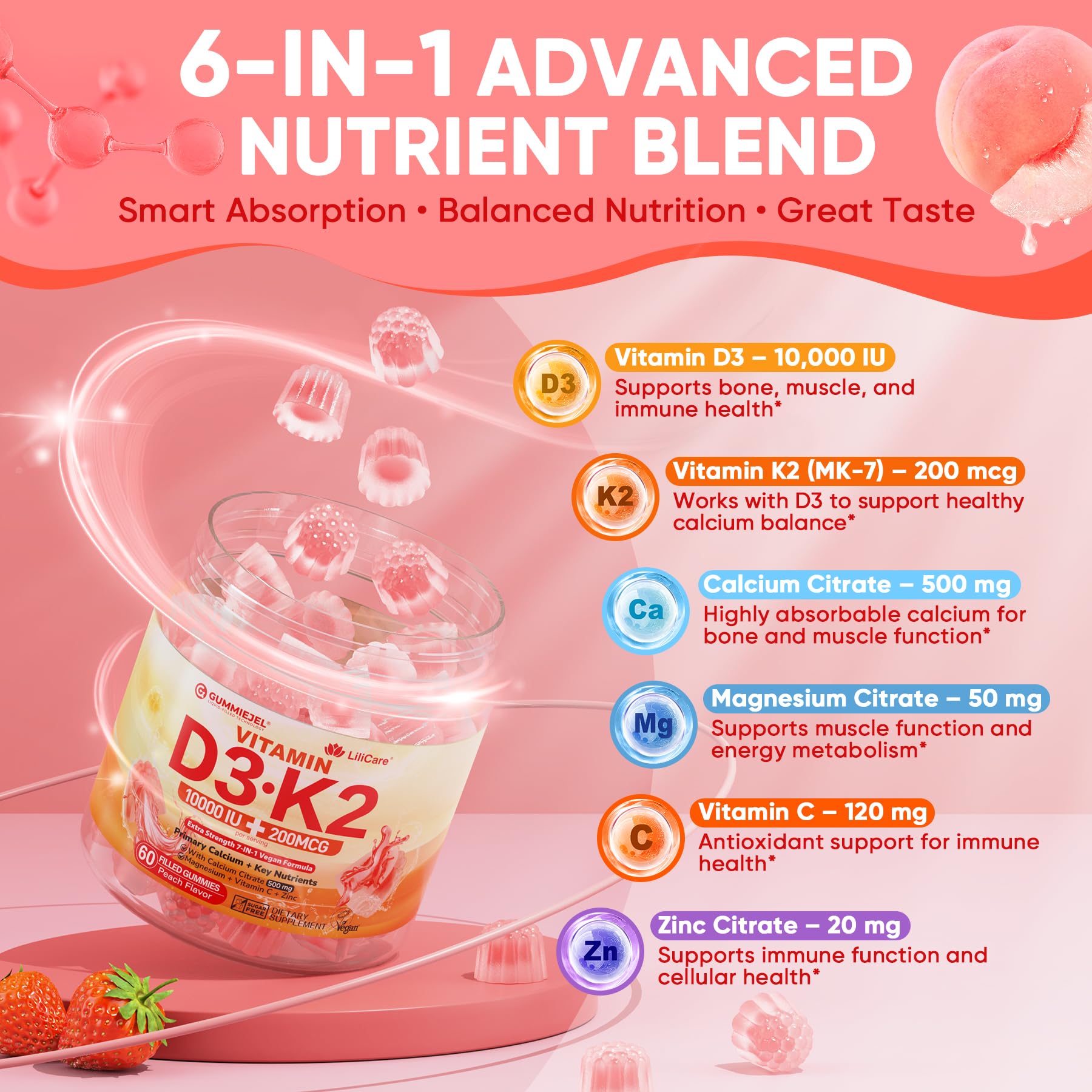 Vitamin D3 K2 Gummies 5000IU / 10,000 IU with 500mg Calcium + K2(MK-7) 200mcg, Magnesium, Vitamin C & Zinc, Extra Strength - Ultimate Absorbency for Bones