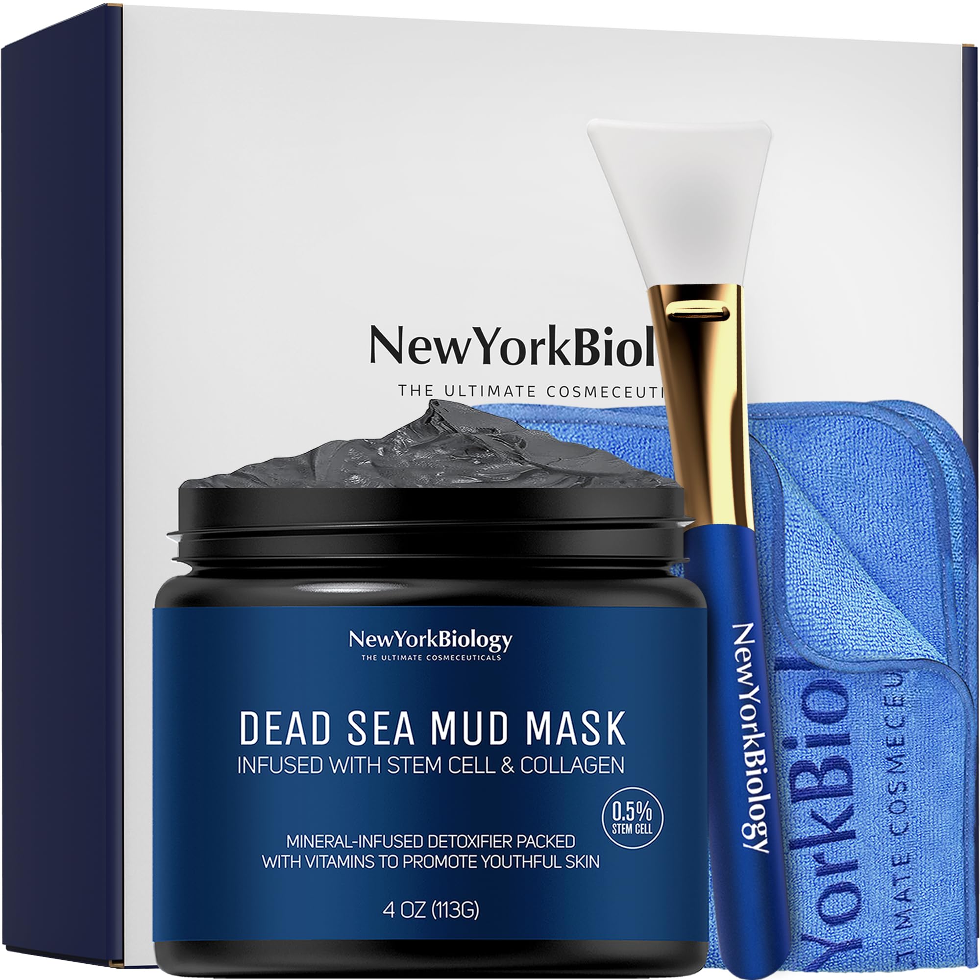 New York Biology Dead Sea Mud Mask for Face & Body | with Stem Cell and Collagen | Face Mask, Brush Applicator, Towel | Spa Quality Pore Refiner for Oily Skin