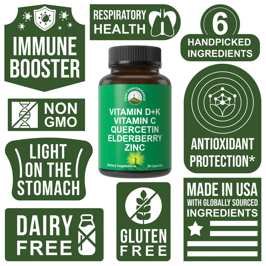 Immune Support Supplement with 6 Top Ingredients. Vitamin D3 K2 + Vitamin C + Elderberry + Zinc + Quercetin. Includes 5000 IU Vitamin D. Immunity Capsules. Supplements for Women and Men Peak Performance Au supplements