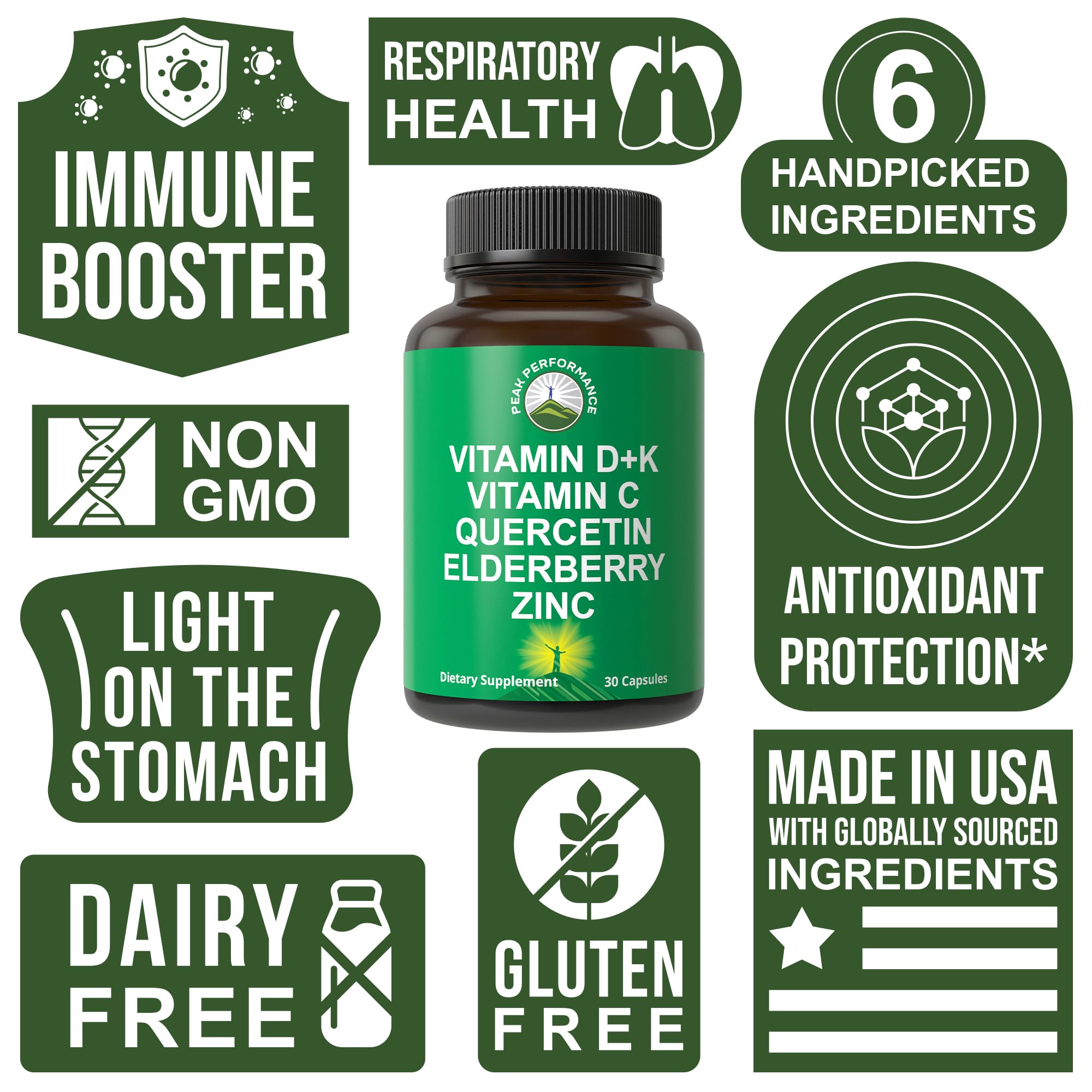 Immune Support Supplement with 6 Top Ingredients. Vitamin D3 K2 + Vitamin C + Elderberry + Zinc + Quercetin. Includes 5000 IU Vitamin D. Immunity Capsules. Supplements for Women and Men Peak Performance Au supplements