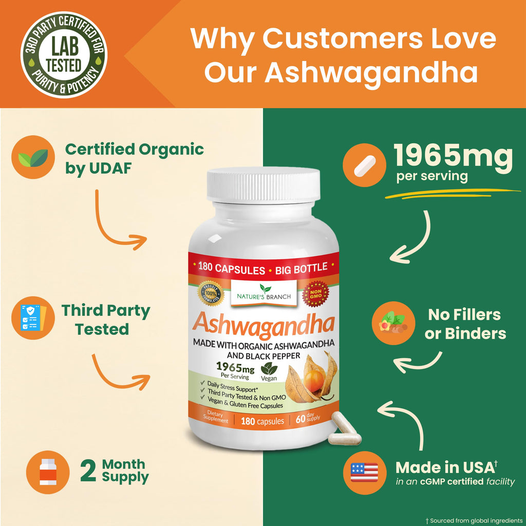 UDAF Certified Organic Ashwagandha with Black Pepper, 1965mg - Extra Strength for Stress, Sleep, Mood, Thyroid, Energy, Hair, Vegan Pure Root Extract Powder Supplement for Men and Women | 180 Capsules NATURE'S BRANCH Au supplements