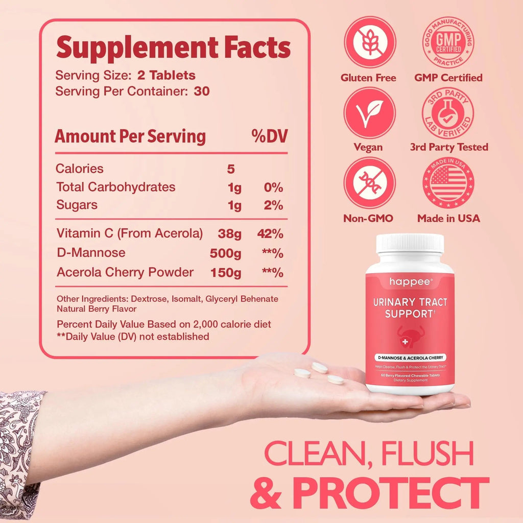 Happee Urinary Tract Health Supplement for Women & Men – Fast-Acting UTI Relief and Prevention, 500mg D-Mannose & Antioxidants, Supports Kidney and Bladder Health, Berry Flavor, 60 Chewables Happee Au supplements