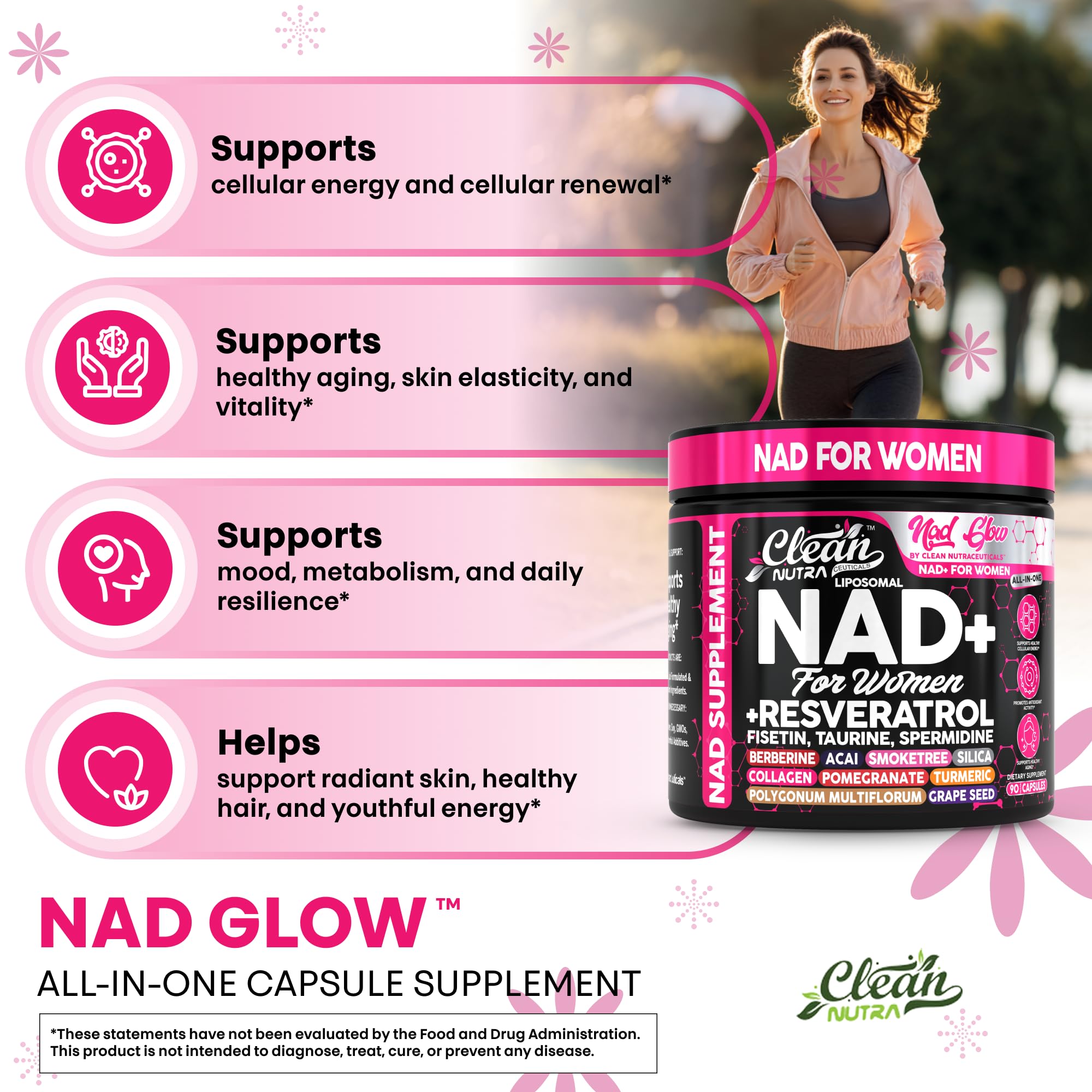 NAD+ Resveratrol Supplement for Women NAD Turmeric Vitamin C Acai Pomegranate Collagen Peptides Nicotinamide Riboside Fisetin Vitamin E Polygonum Multiflorum Berberine 90 Capsules by Clean Nutra Clean Nutraceuticals Au supplements