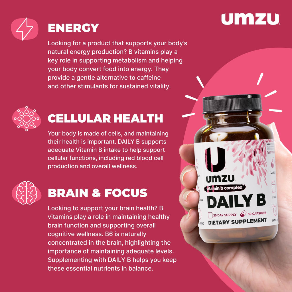 UMZU Daily B, 30 Day Supply – Complete Vitamin B Complex Supplement Blend with B1, B2, B3, B5, B6, B7, B9 & B12 Plus Folic Acid & Biotin – Supports Energy, Focus, Mood,