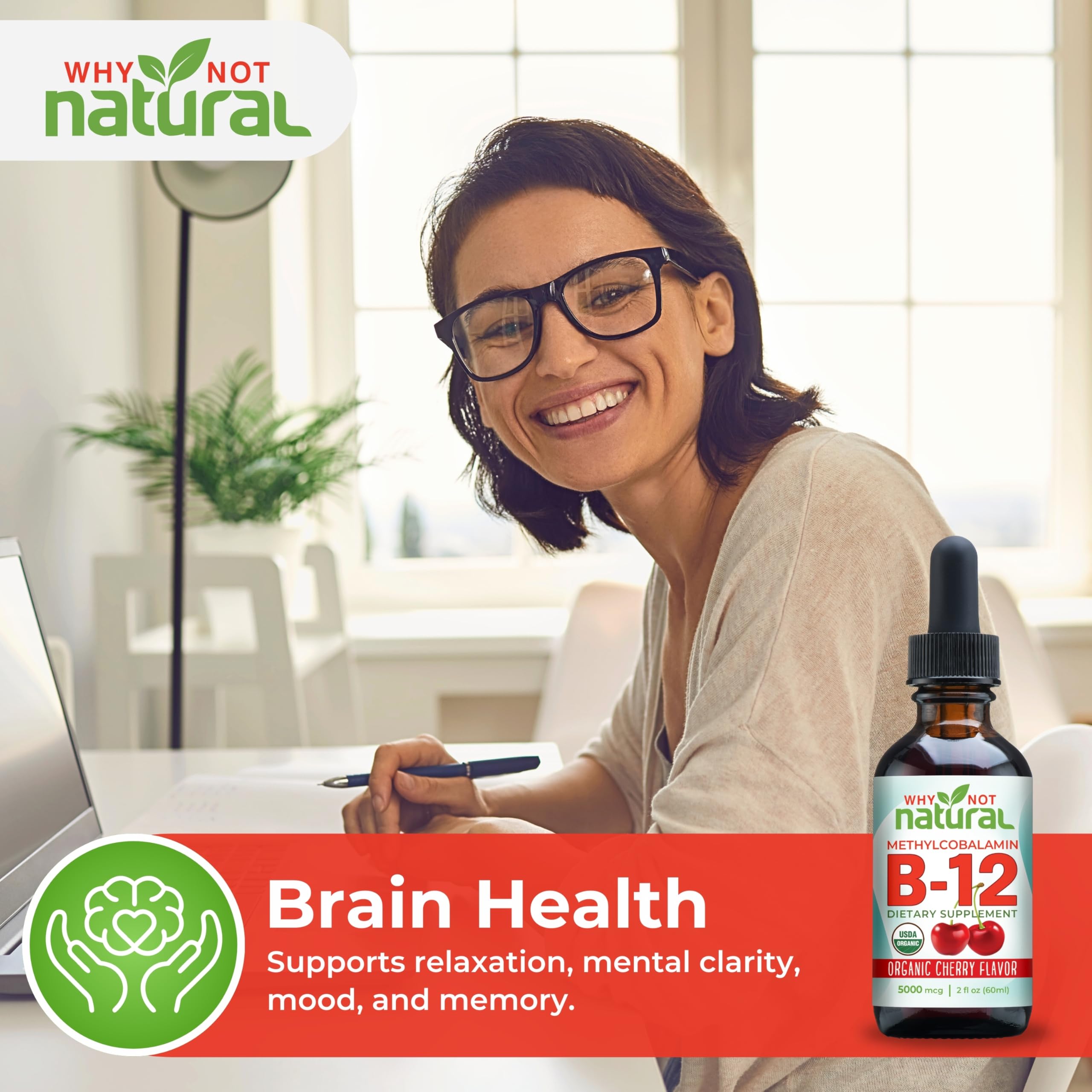 Why Not Natural Organic Vitamin B12 Liquid - Sublingual Extra Strength 60 x 5000 mcg Methylcobalamin Drops, Vegan,
