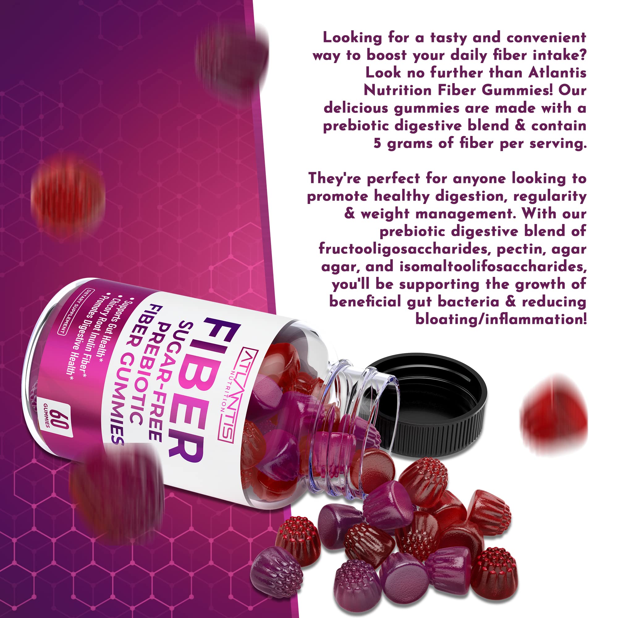 Atlantis Nutrition Sugar Free Fiber Gummies for Adults - 5G Fiber Supplement Formulated with 5.4G Prebiotic Digestive Blend/Serving - Supports Gut Health & Healthy Digestion