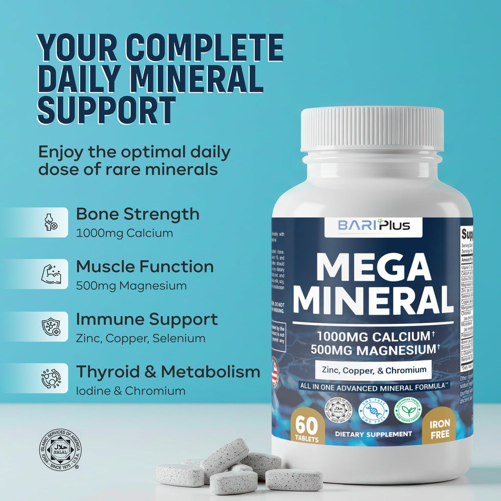 Mega Mineral – Complete Complex with Vitamin D, Calcium, Magnesium, Zinc, Potassium, Boron, Selenium, Chromium & Trace Minerals – Iron-Free – USA Made – 60 Tablets