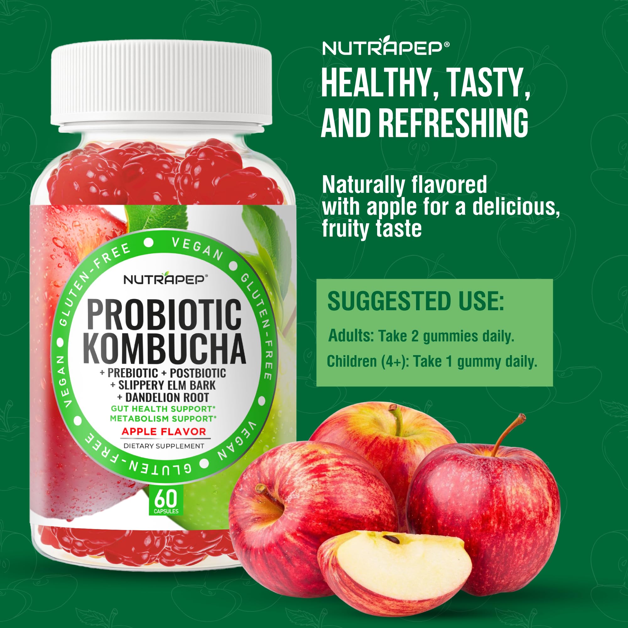 NutraPep Probiotic Kombucha Gummies - Women Men Probiotic Prebiotic Probiotic Blend for Gut Health Bloating Metabolism Support with Slippery Elm Bark Dandelion Root - Vegan Gluten Free Apple Flavor NutraPep Au supplements