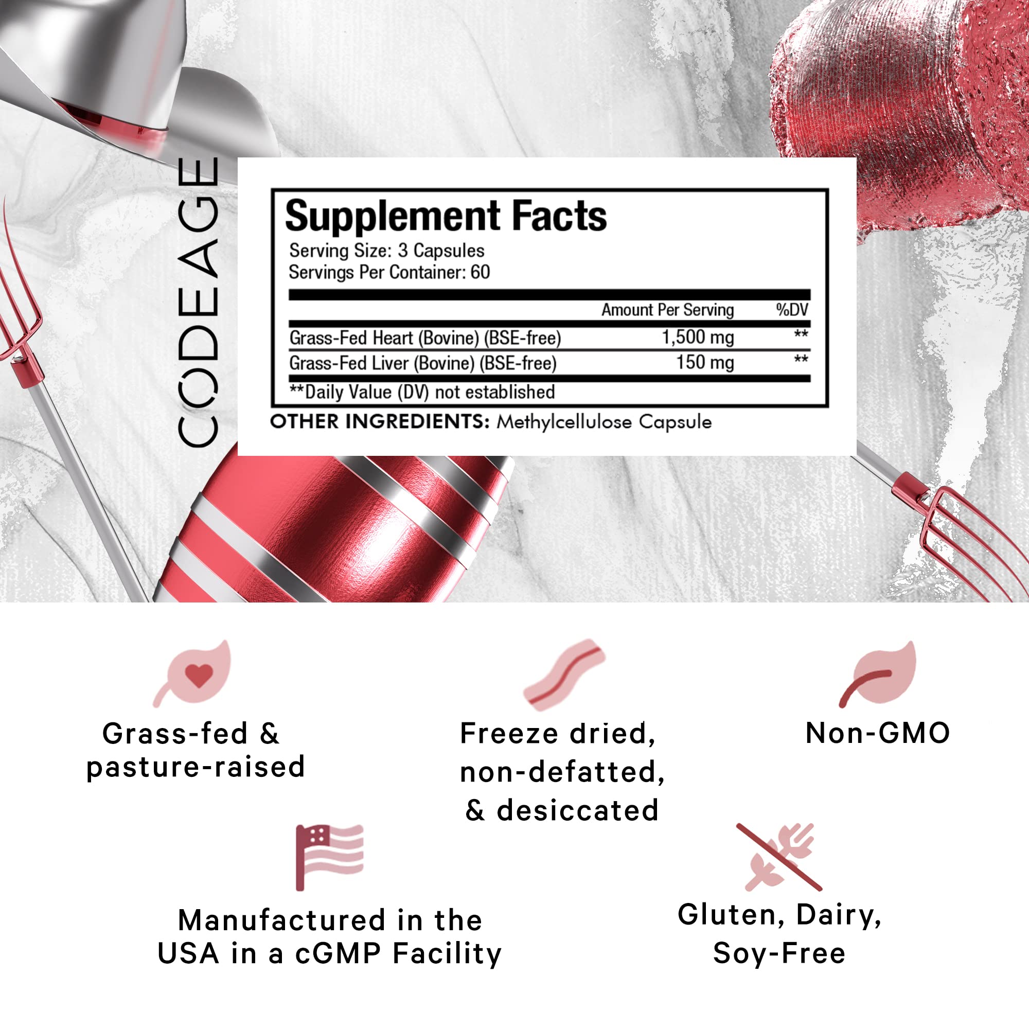 Codeage Grass Fed Beef Heart Supplement - Freeze Dried, Non-Defatted, Desiccated Glandular Supplements - Bovine Meat & Liver Pills - Beef Vitamins for Heart - Non-GMO -180 Capsules Codeage Au supplements