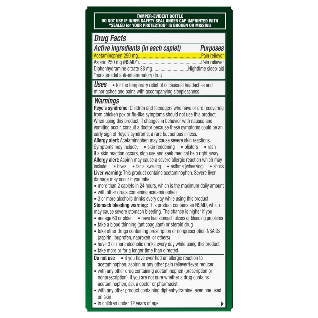 Excedrin PM for Headache Relief, Acetaminophen 250mg, Aspirin 250mg, Diphenhydramine Citrate 38mg, Pain Reliever, Nighttime Sleep-Aid, 100 Count Excedrin Au supplements