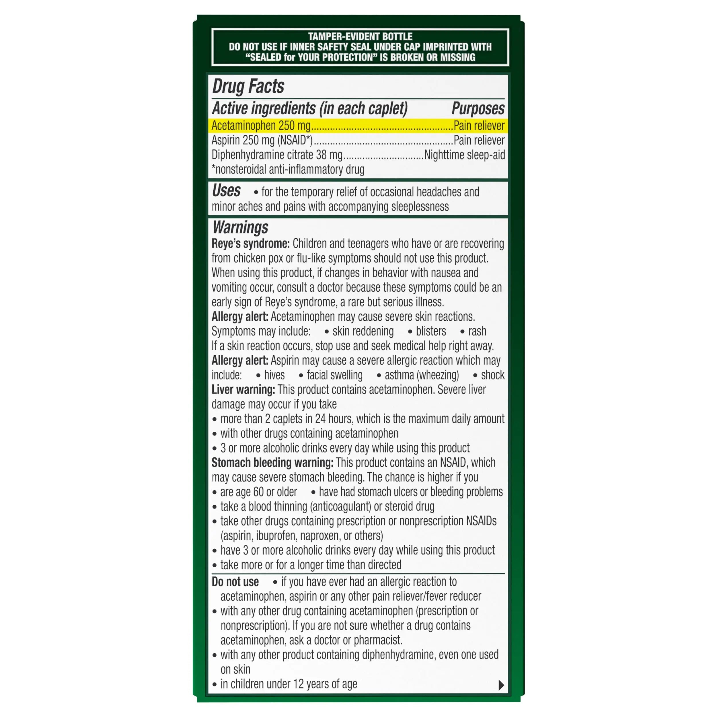 Excedrin PM for Headache Relief, Acetaminophen 250mg, Aspirin 250mg, Diphenhydramine Citrate 38mg, Pain Reliever, Nighttime Sleep-Aid, 100 Count Excedrin Au supplements