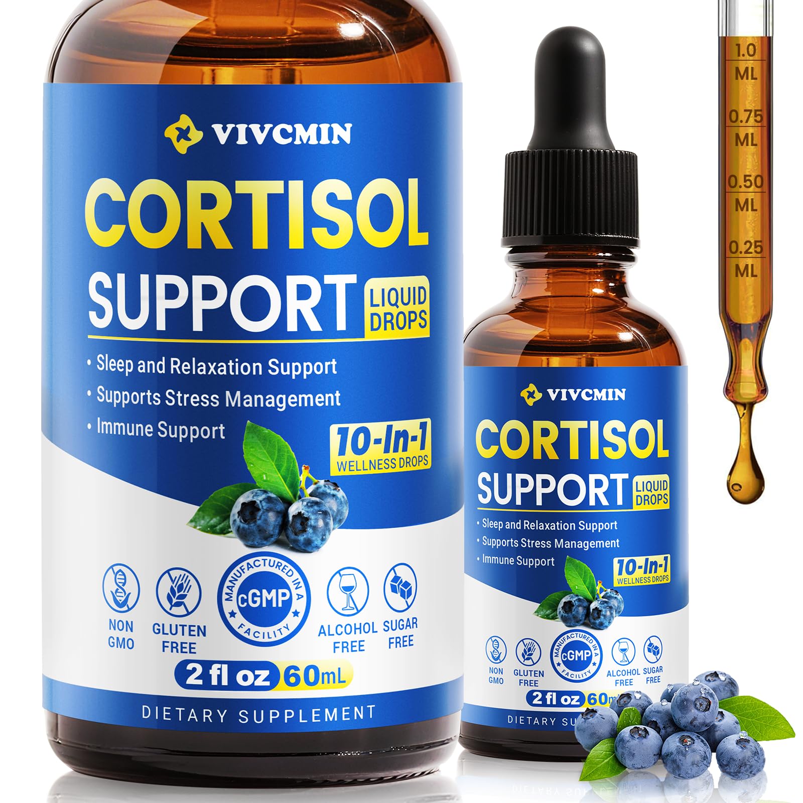 vivcmin 10 in 1 Cortisol Supplements for Women & Men, Cortisol Reducer with Ashwagandha, Magnesium, L-Theanine, Hormone Balance Drops - Sleep & Mood Support, 2 Fl Oz, Blueberry Flavor vivcmin Au supplements