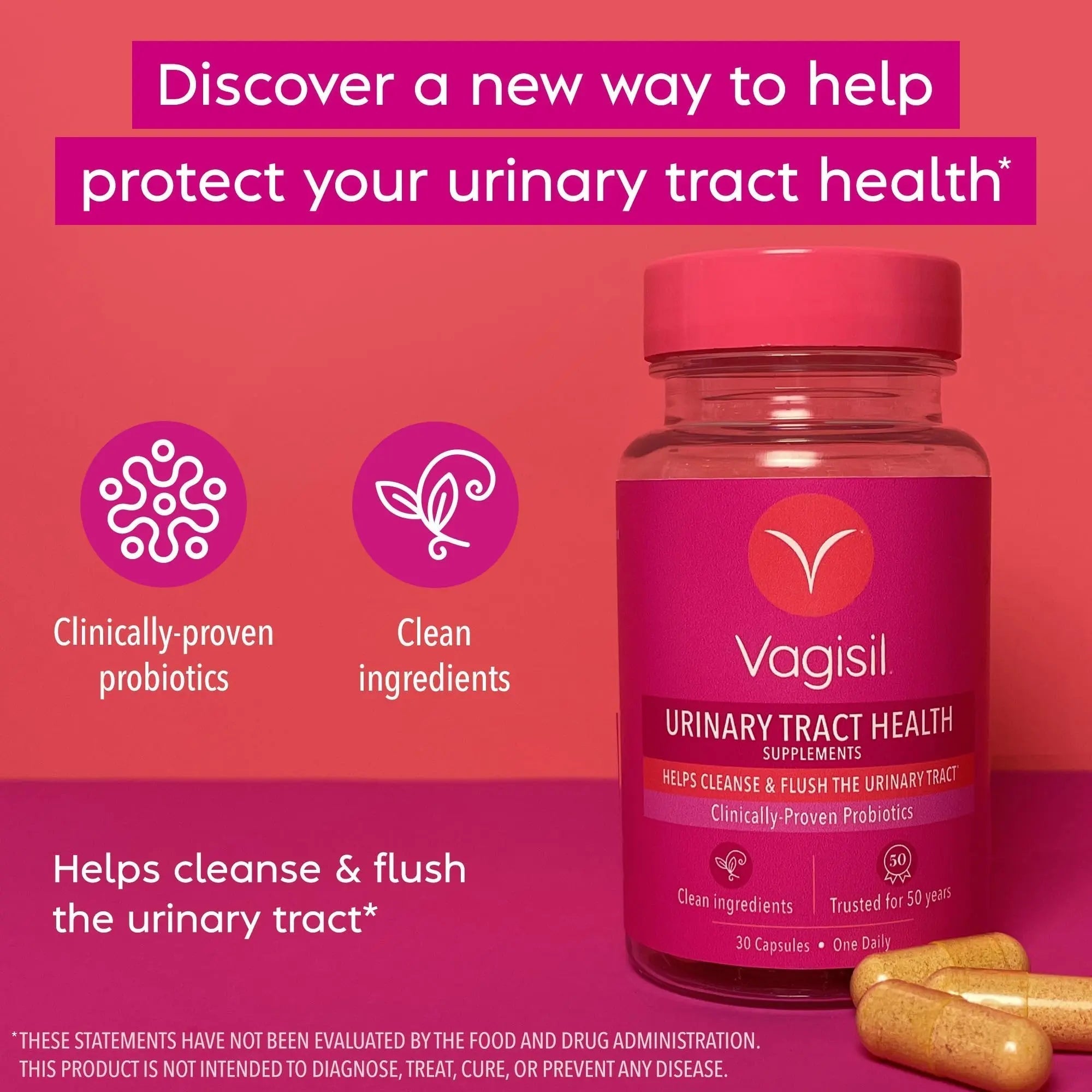 Vagisil Urinary Tract Health Supplements, Clinically-Proven Probiotics, Protects Urinary Tract Health, Clean Ingredients, Helps Cleanse and Flush UTI-Causing Bacteria, 1 Capsule Daily, 30 Capsules Vagisil Au supplements