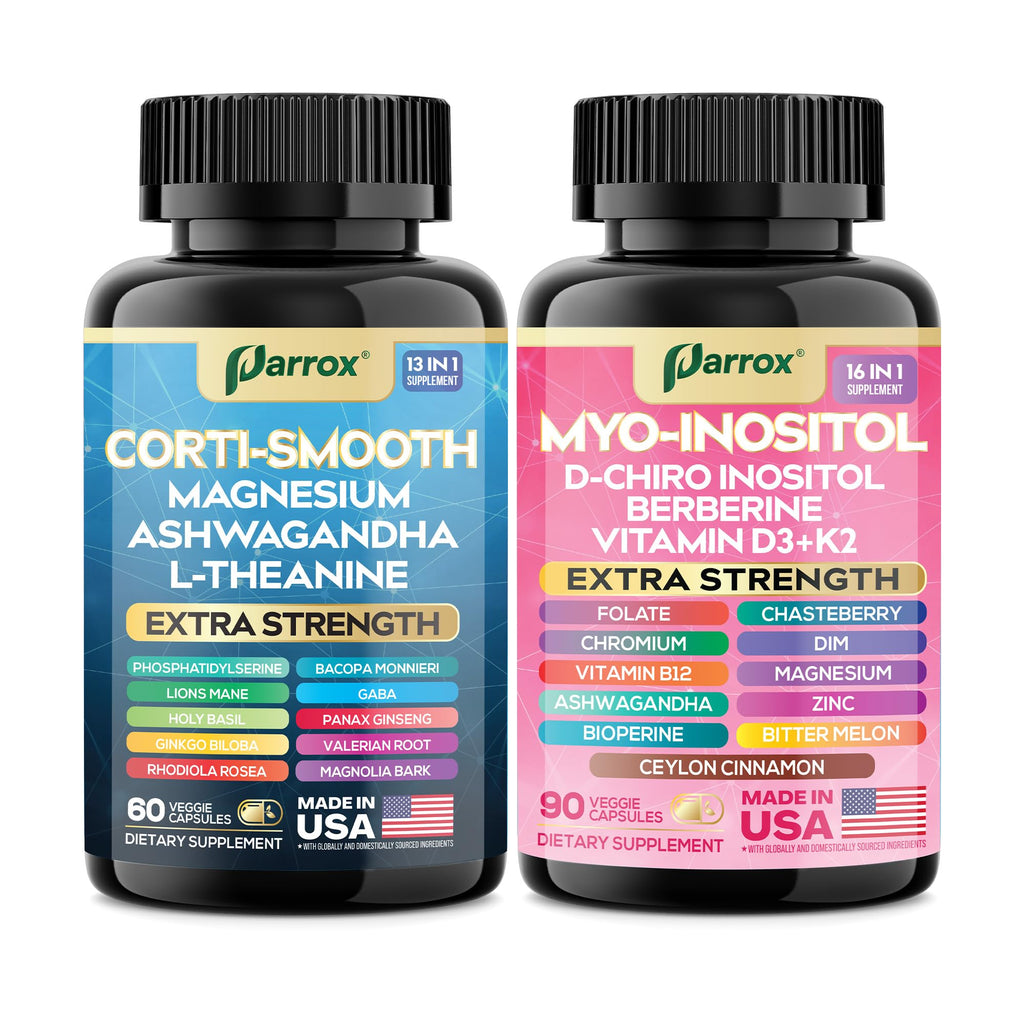 Parrox Cortisol & Myo-Inositol Supplement Bundle, Soothe & Smooth Bundle, 13-in-1 Cortisol Balance, Magnesium, Ashwagandha, L-Theanine, D-Chiro Inositol, Folate, Berberine, Chasteberry (150 Capsules) Parrox Au supplements