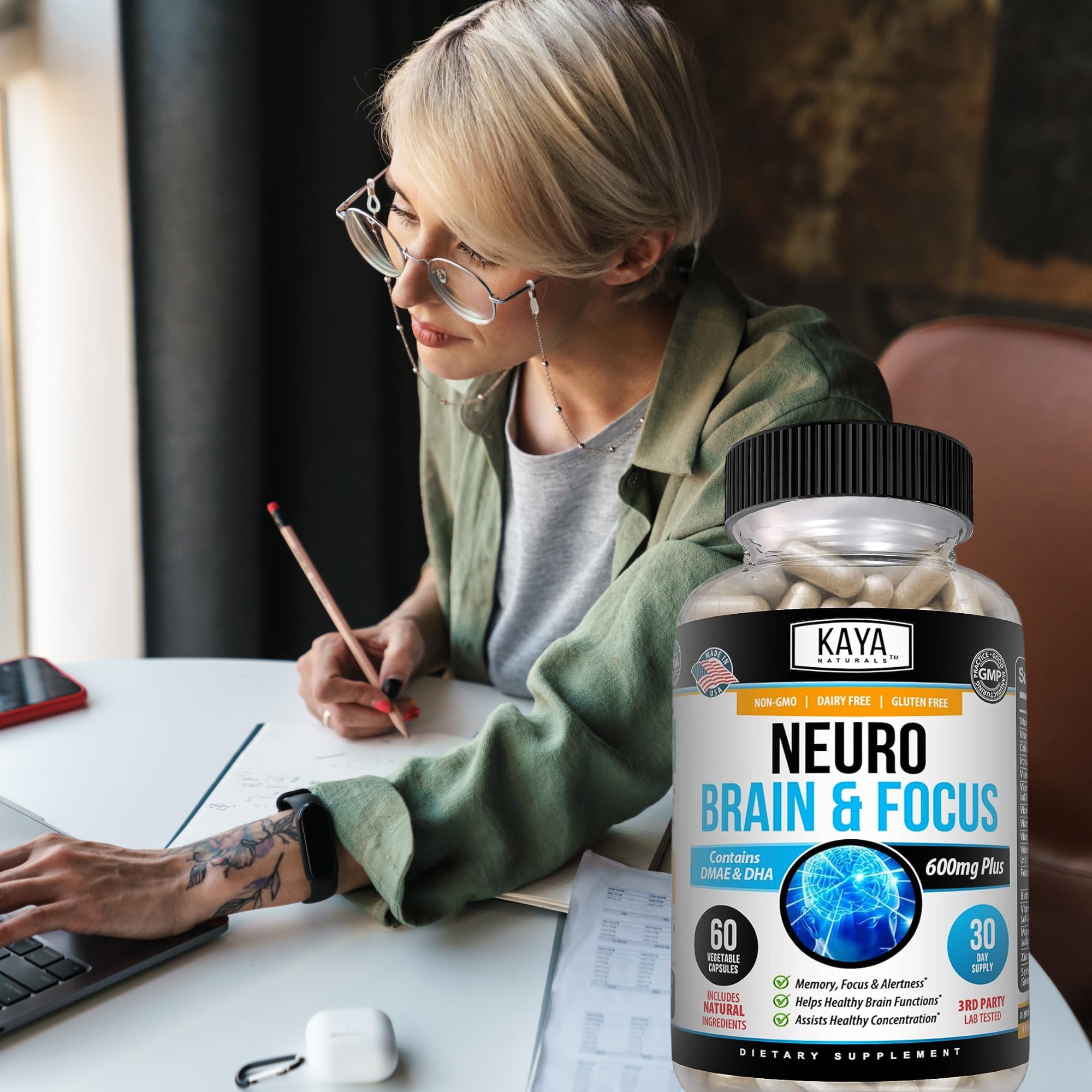 Kaya Naturals - Neuro Brain for Memory & Focus - Nootropic Energy Capsule - Nootropic Brain Support Supplement - Focus & Concentration & Learning Accuracy - Cognitive Function - 60 Count Kaya Naturals Au supplements