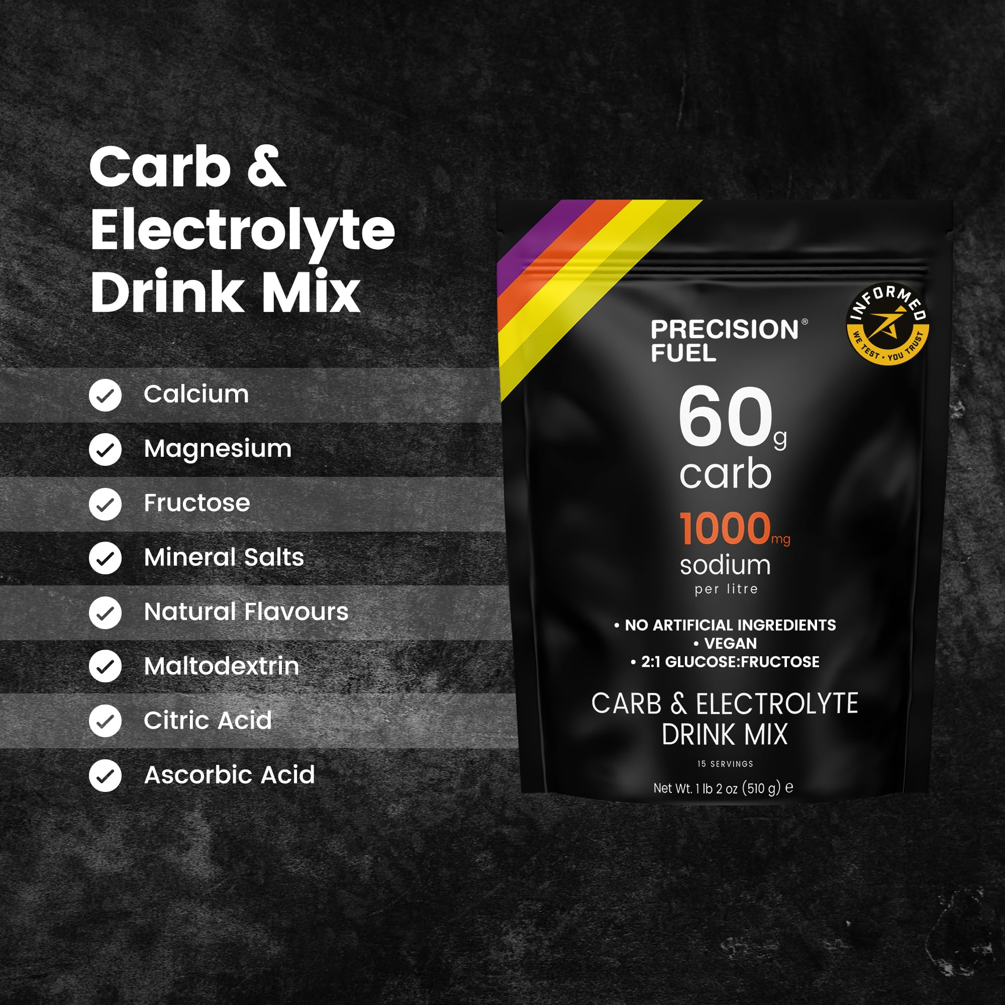 Precision Fuel PF60 Carb & Electrolyte Drink Mix Powder for Hydration & Energy - Endurance Sports Nutrition, Vegan, Hypotonic - 60g Carb, 1000mg Sodium per Litre - Mild Citrus Flavor, 1-Pack