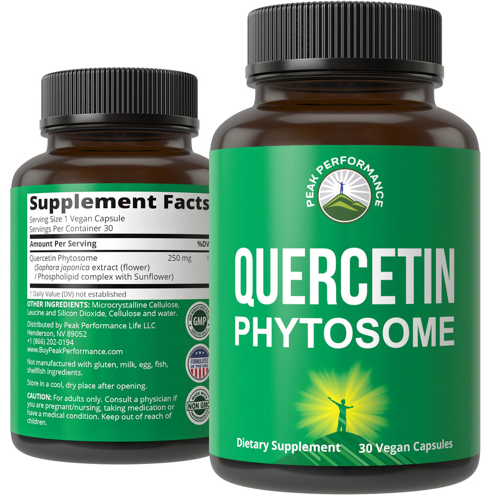 Peak Performance Ultra Pure Quercetin Phytosome Vegan Capsules - Rich Sophora Japonica Extract for Max Absorption Now. Quercetin 250mg Supplement Capsules. Made in USA Peak Performance Au supplements