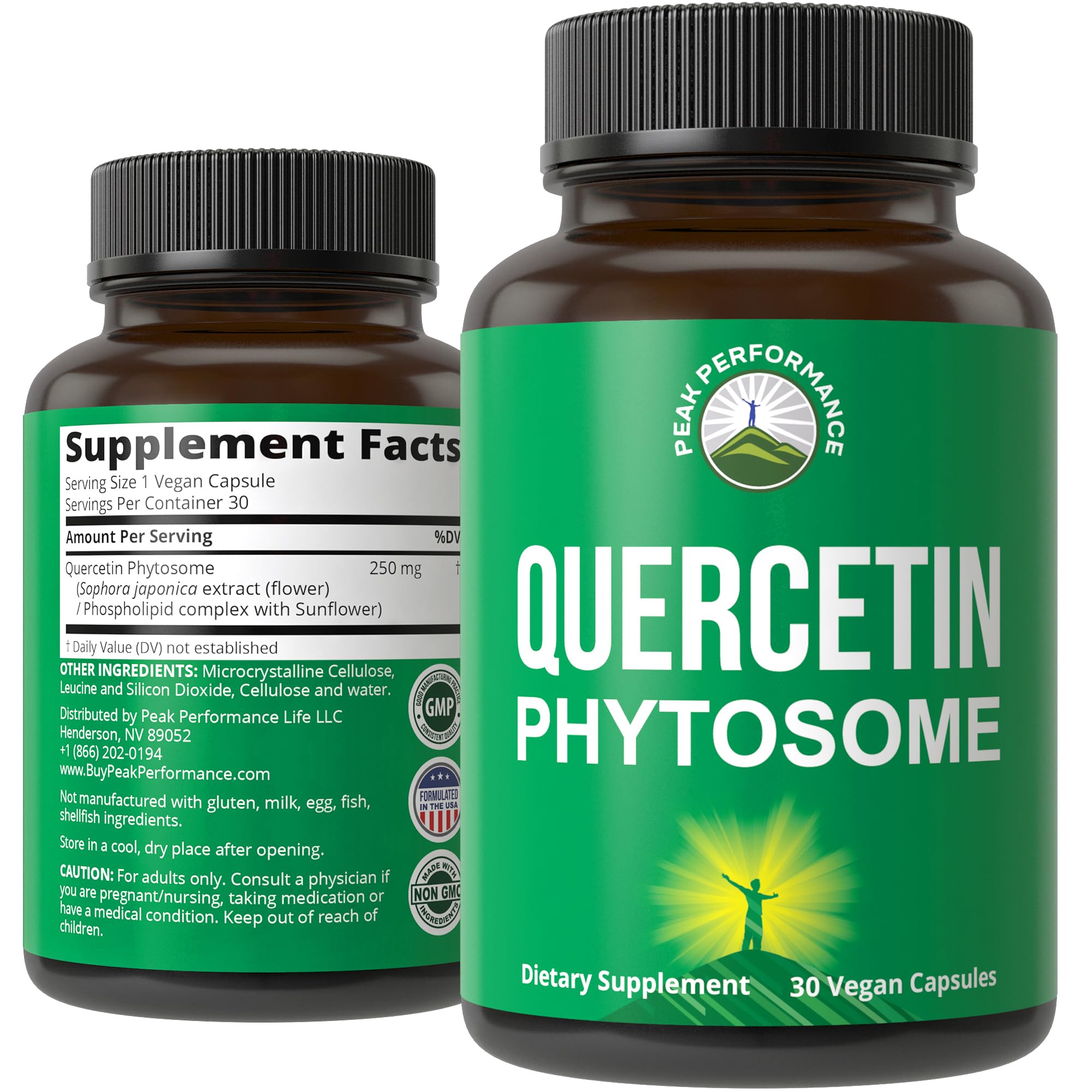 Peak Performance Ultra Pure Quercetin Phytosome Vegan Capsules - Rich Sophora Japonica Extract for Max Absorption Now. Quercetin 250mg Supplement Capsules. Made in USA Peak Performance Au supplements