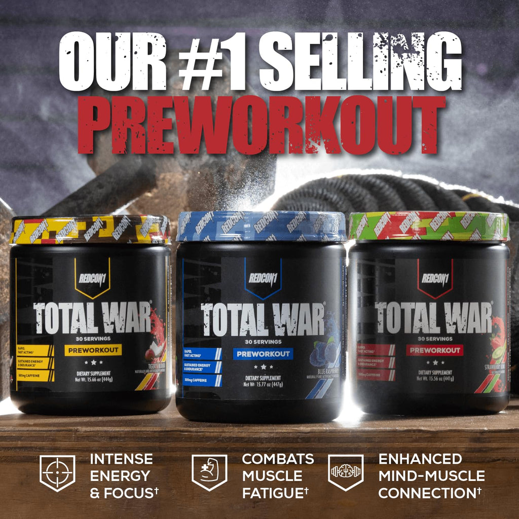 REDCON1 Total War Pre Workout - Beta Alanine + Citrulline Malate Keto Friendly Preworkout for Men & Women with 320mg of Caffeine - Fast Acting -Blue Lemonade (30 Servings)