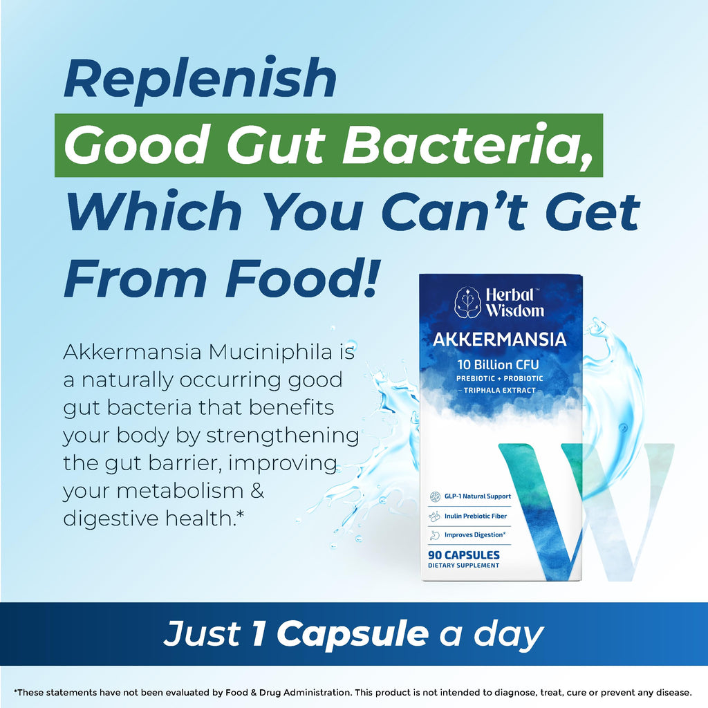 Herbal Wisdom Akkermansia Probiotic 10 Billion CFU - Advanced Support, Probiotic+Prebiotic | for Gut & Metabolism Support - No Bloating | with Inulin & Triphala