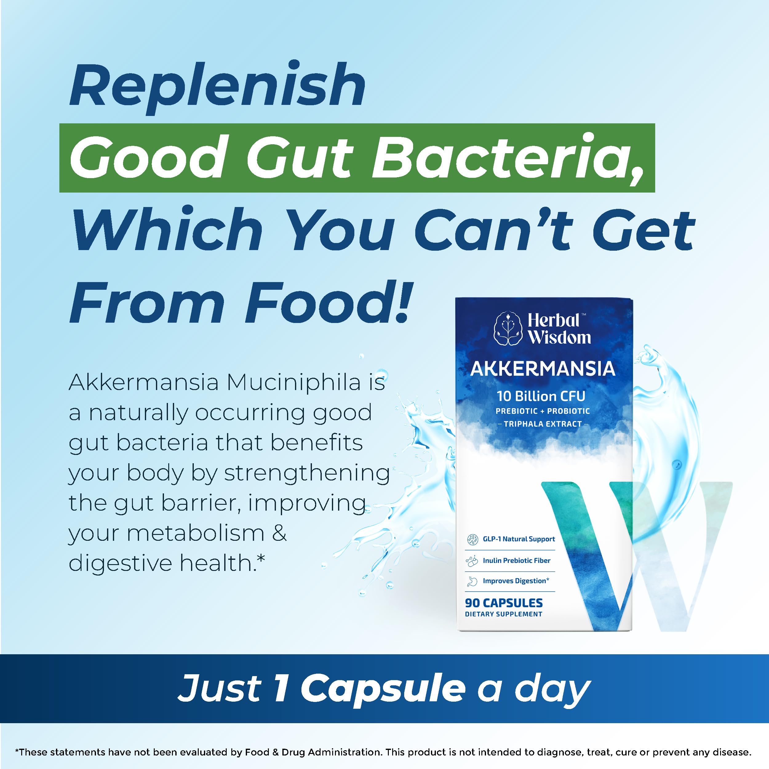 Herbal Wisdom Akkermansia Probiotic 10 Billion CFU - Advanced Support, Probiotic+Prebiotic | for Gut & Metabolism Support - No Bloating | with Inulin & Triphala